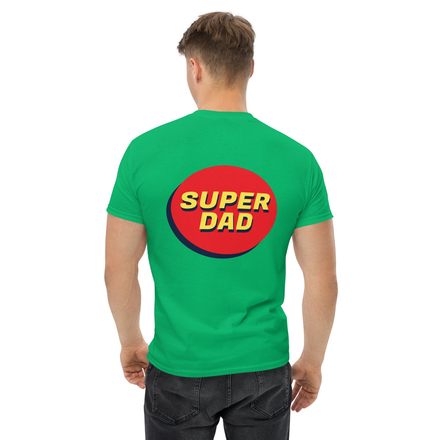 Men with irish green T-shirt and Super dad on the back