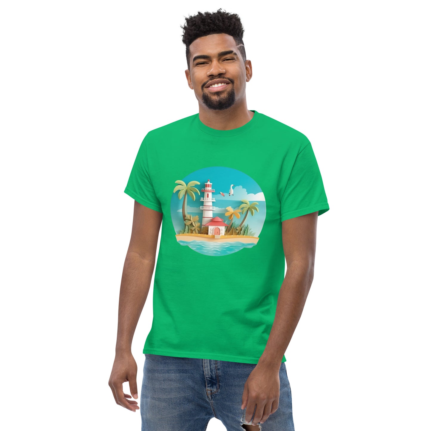 Man with Irish green t-shirt with picture of lighthouse and palm trees