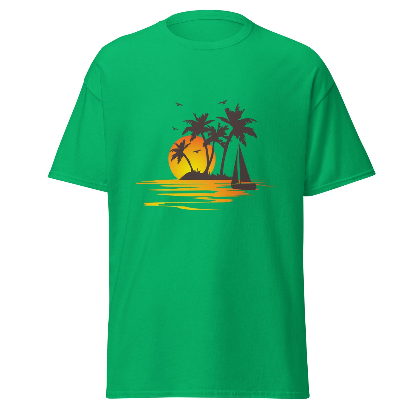 Irish green T-shirt for men with a picture of sunset, palm trees and sailboat