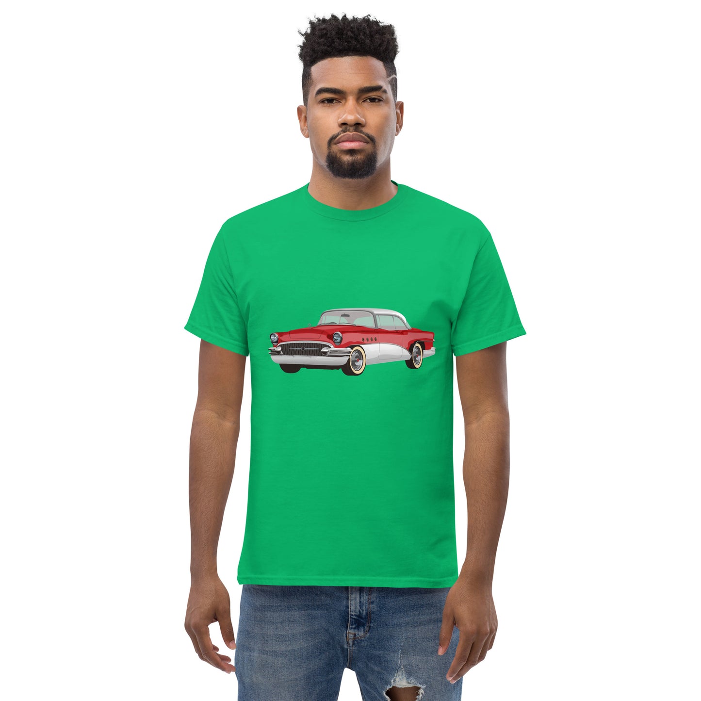 Men with Irish green t-shirt with red Chevrolet