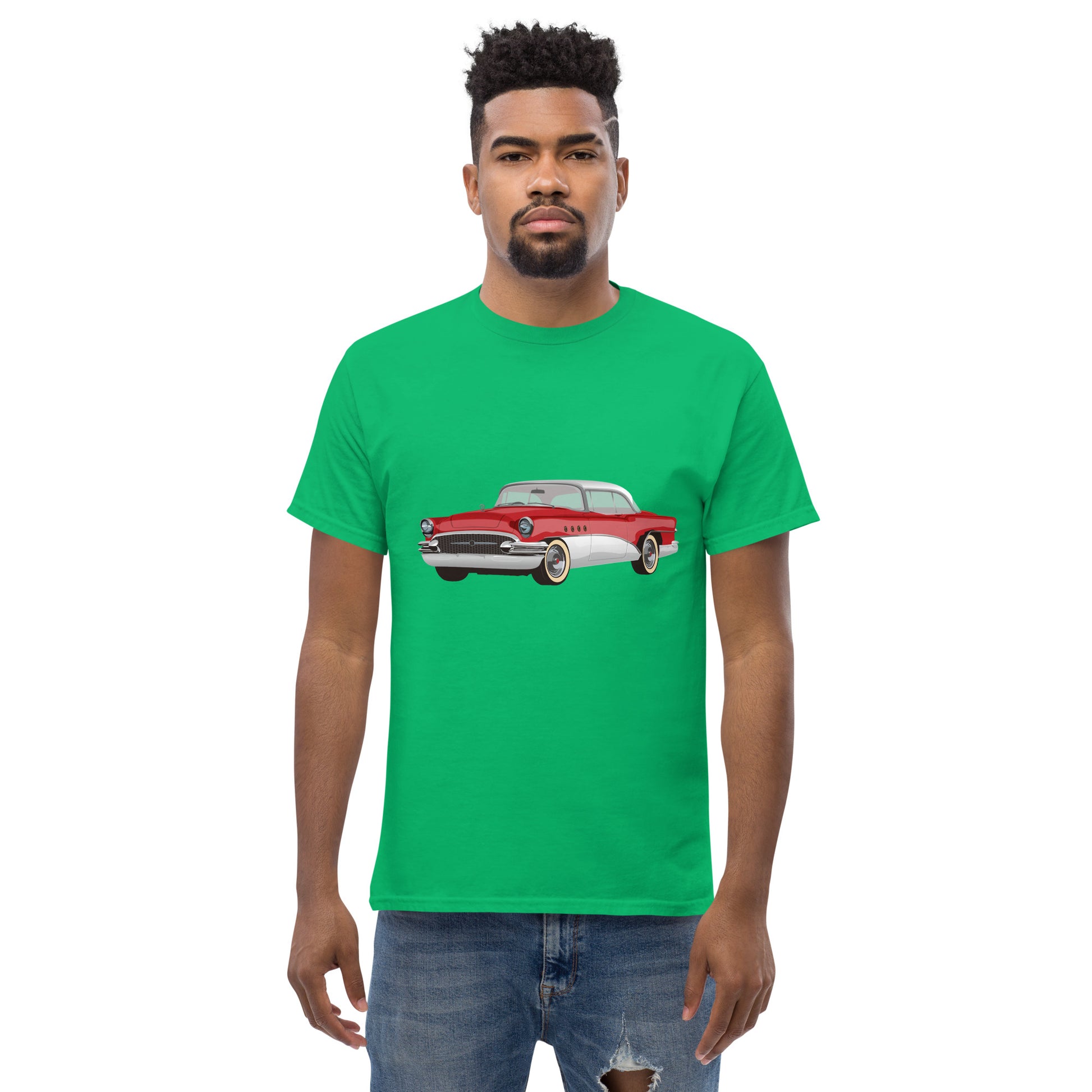 Men with Irish green t-shirt with red Chevrolet 