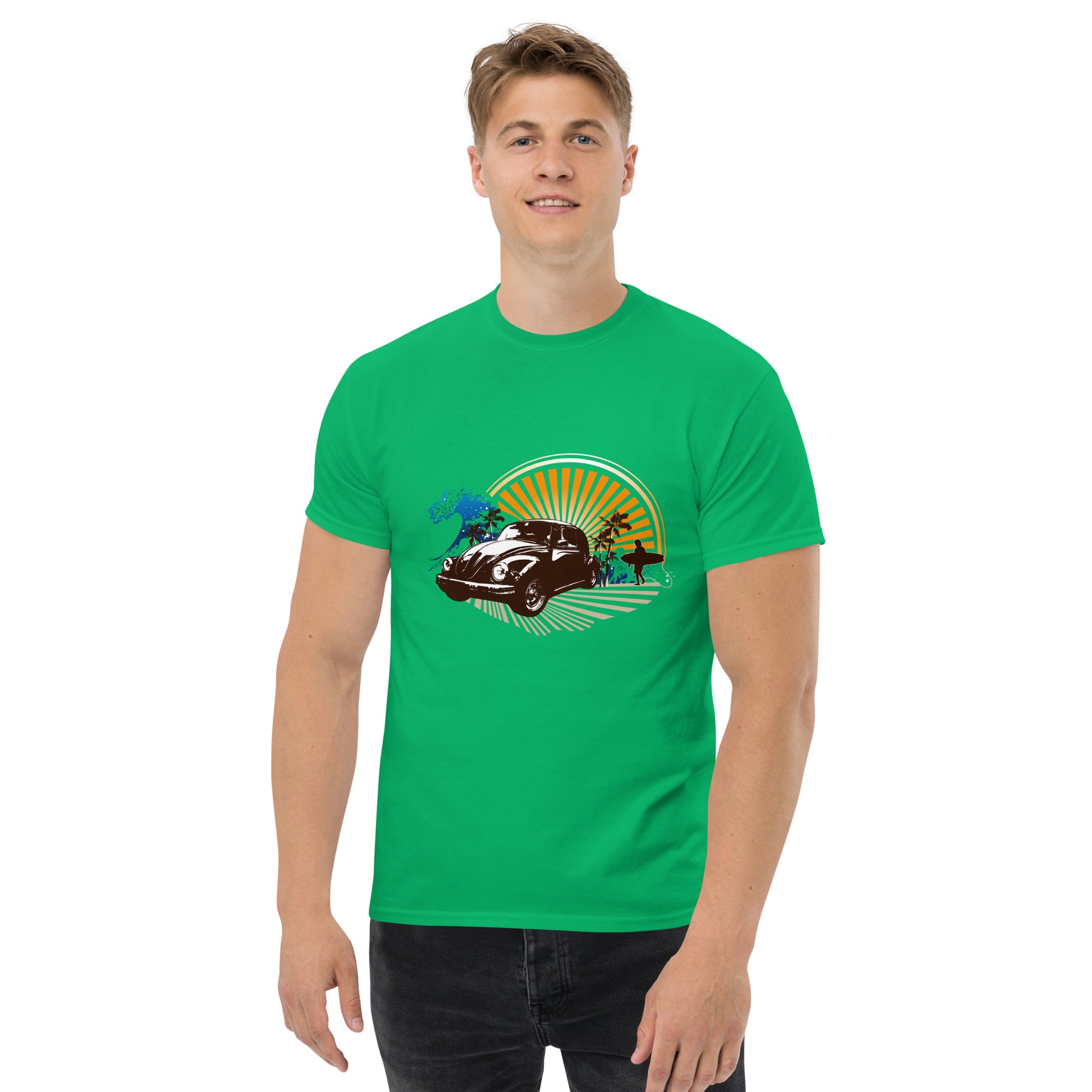 Men with Irish green t-shirt with sunset and beetle car