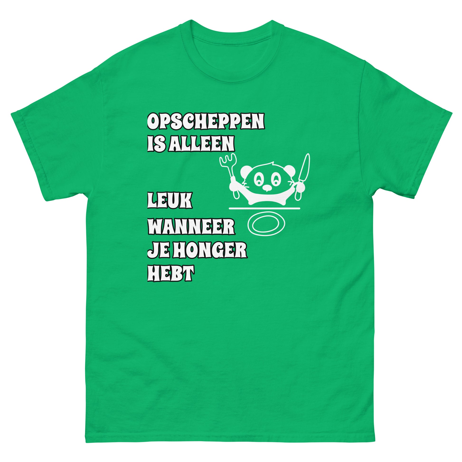 groene T-shirt met tekst  “opscheppen is alleen leuk wanneer je honger hebt” 