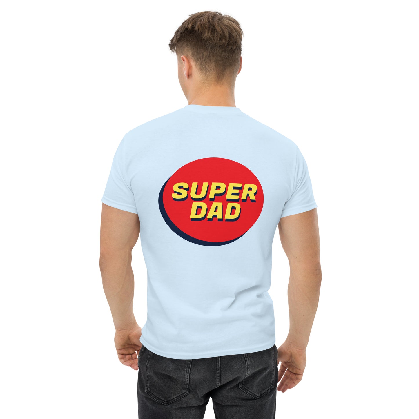 Men with light blue T-shirt and Super dad on the back