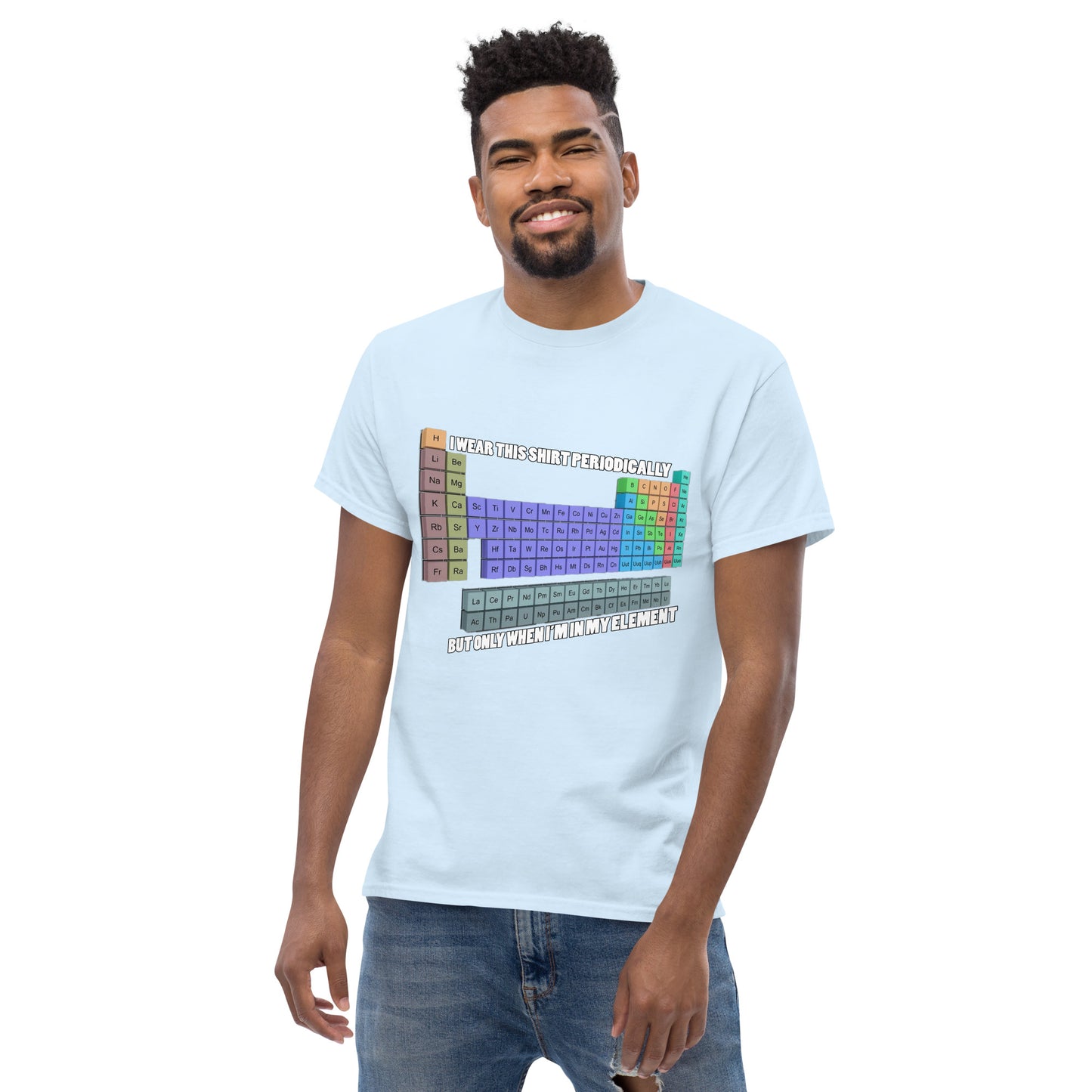 Man with light blue t-shirt with Mendelev's table