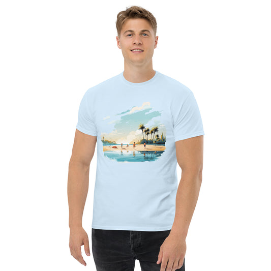 Men with light blue T-shirt and a picture of a island with sea and sand