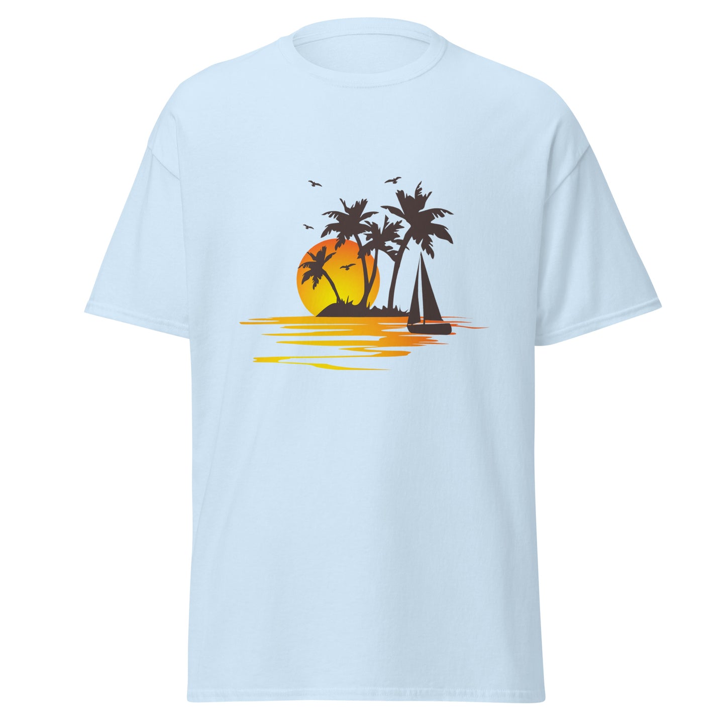 Light blue T-shirt for men with a picture of sunset, palm trees and sailboat