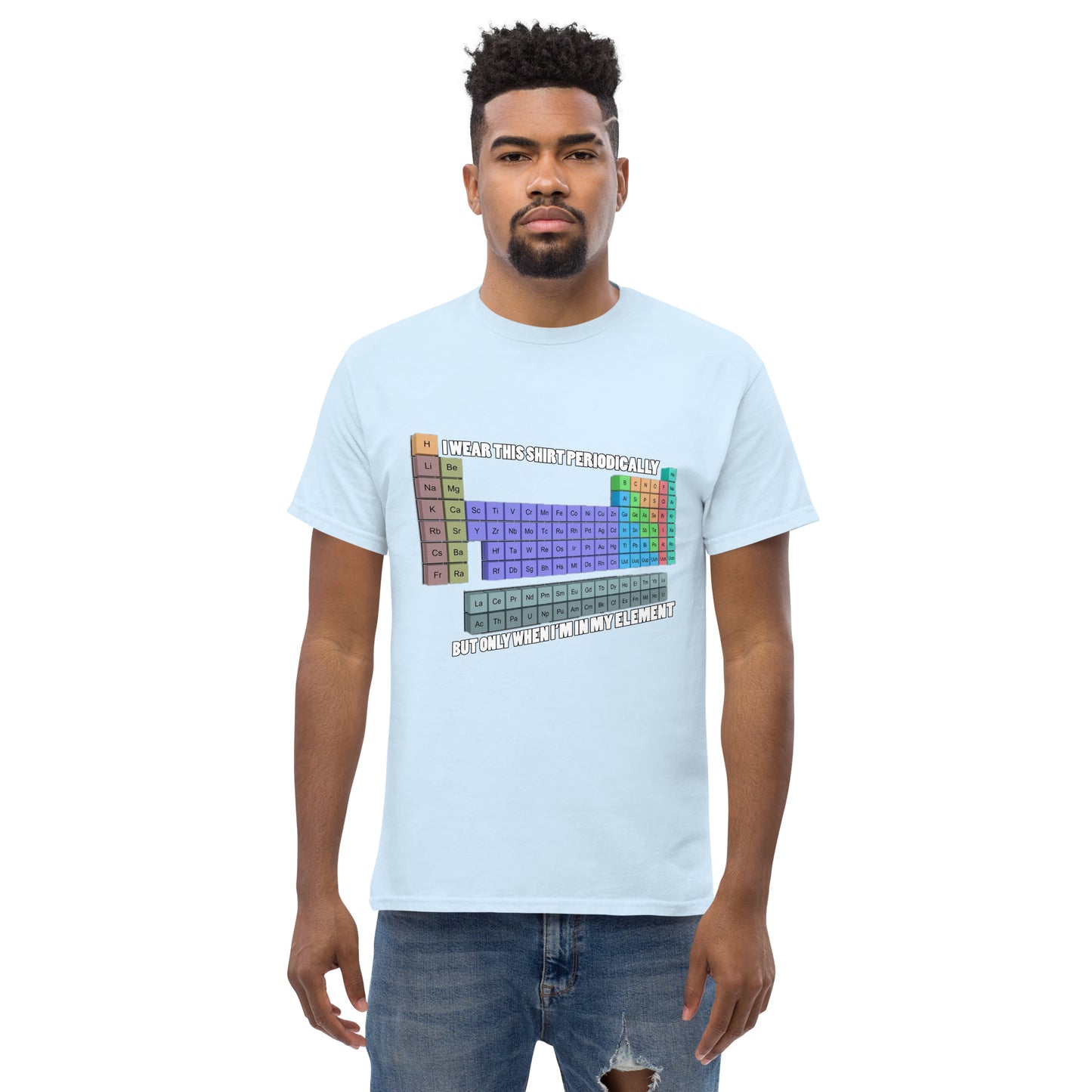 Man with light blue t-shirt with Mendelev's table