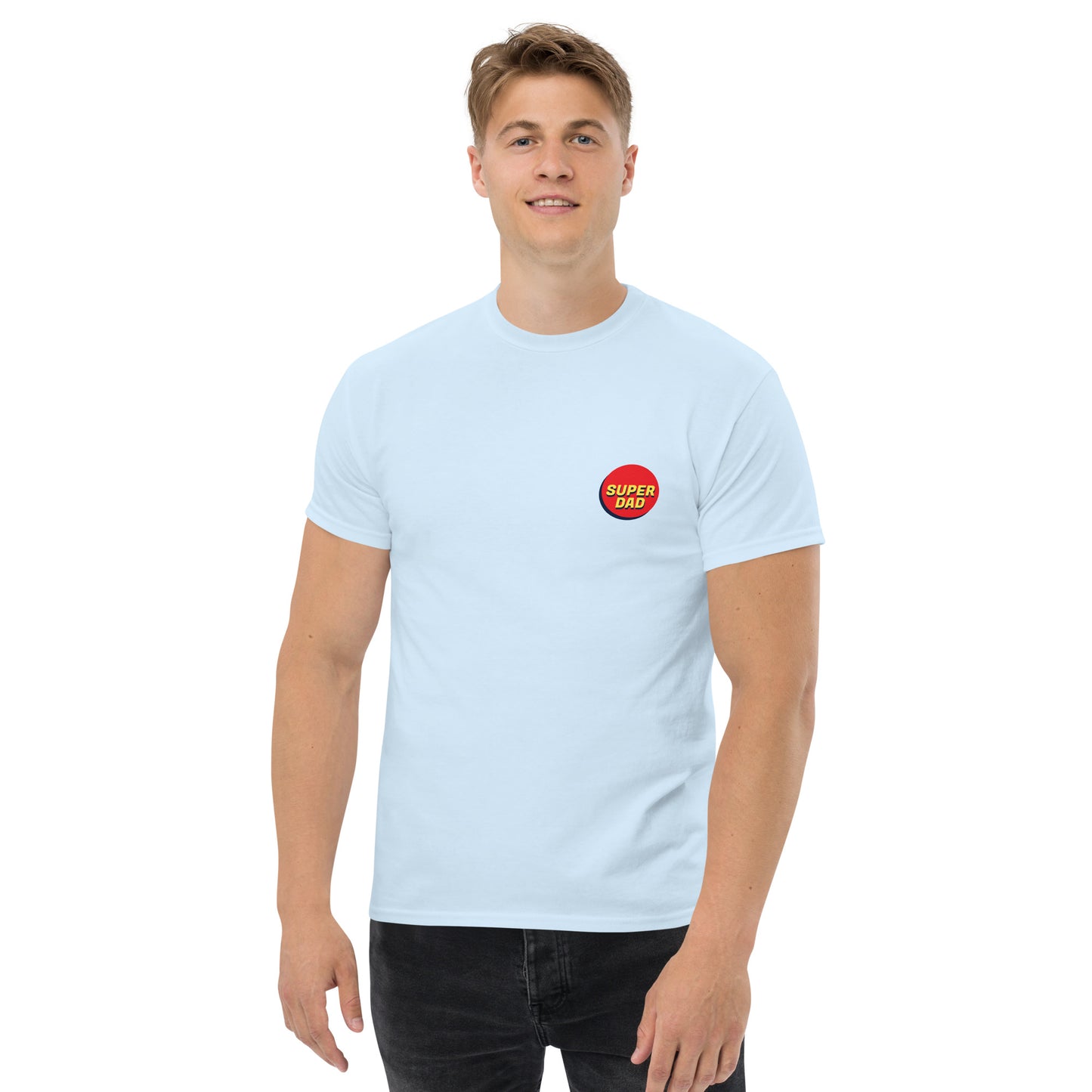 Men with light blue T-shirt and Super dad logo on the front