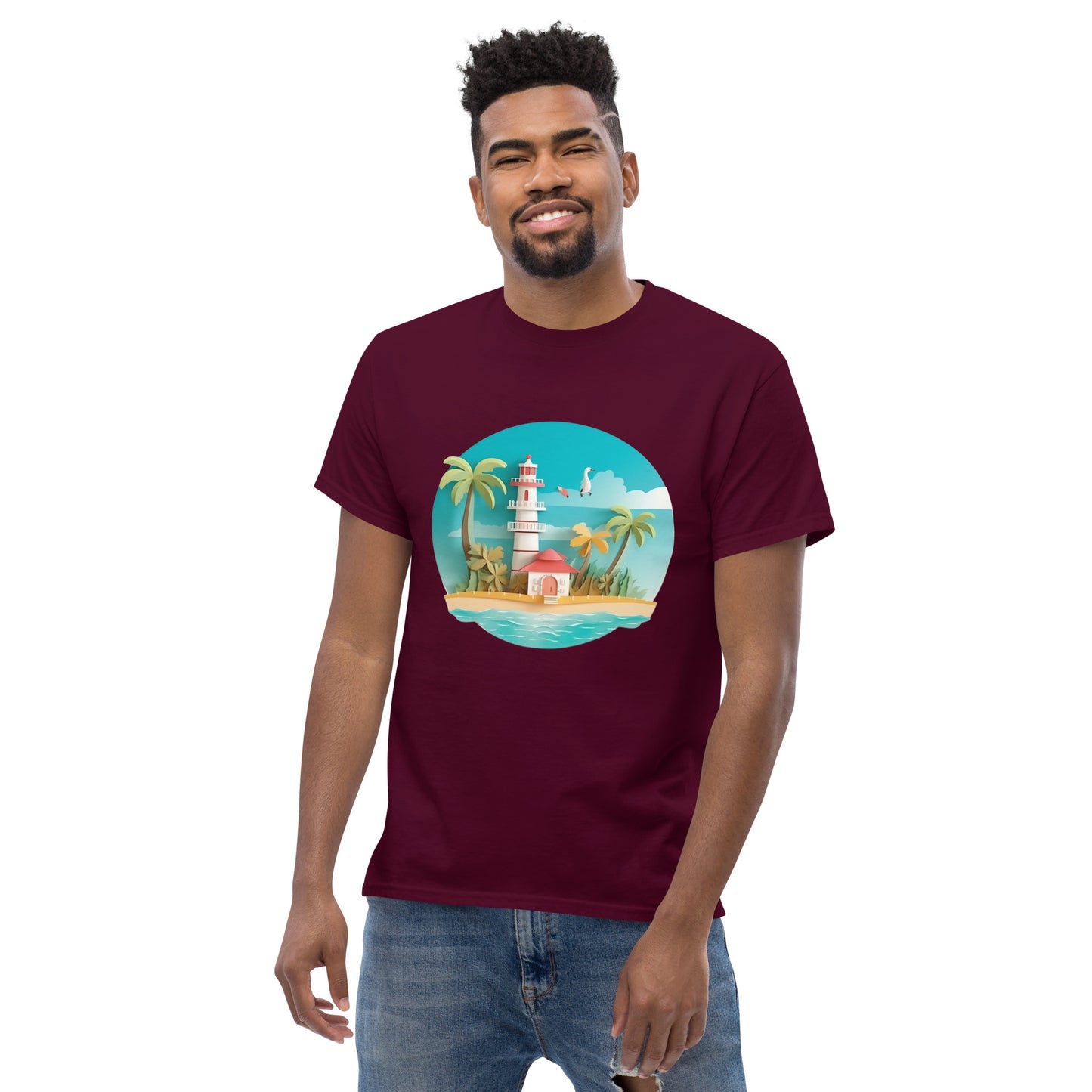 Man with maroon t-shirt with picture of lighthouse and palm trees