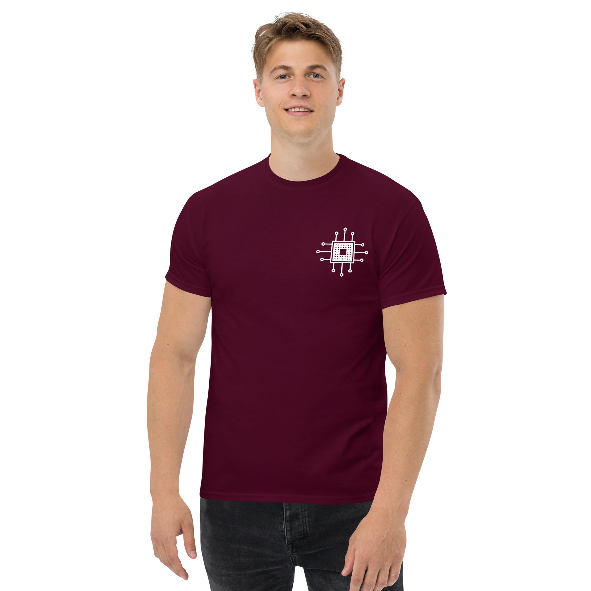 Men with maroon T-shirt with the picture CPU 