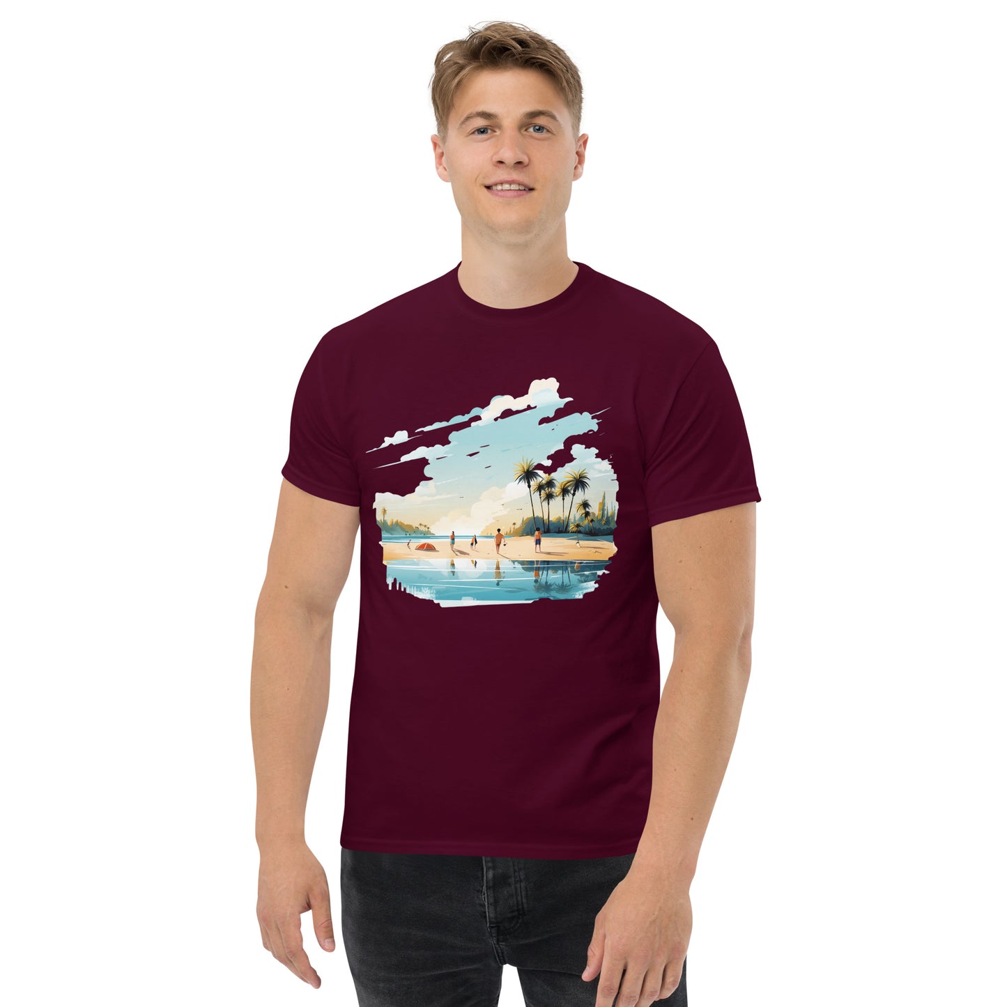 Men with maroon t-shirt and a picture of a island with sea and sand