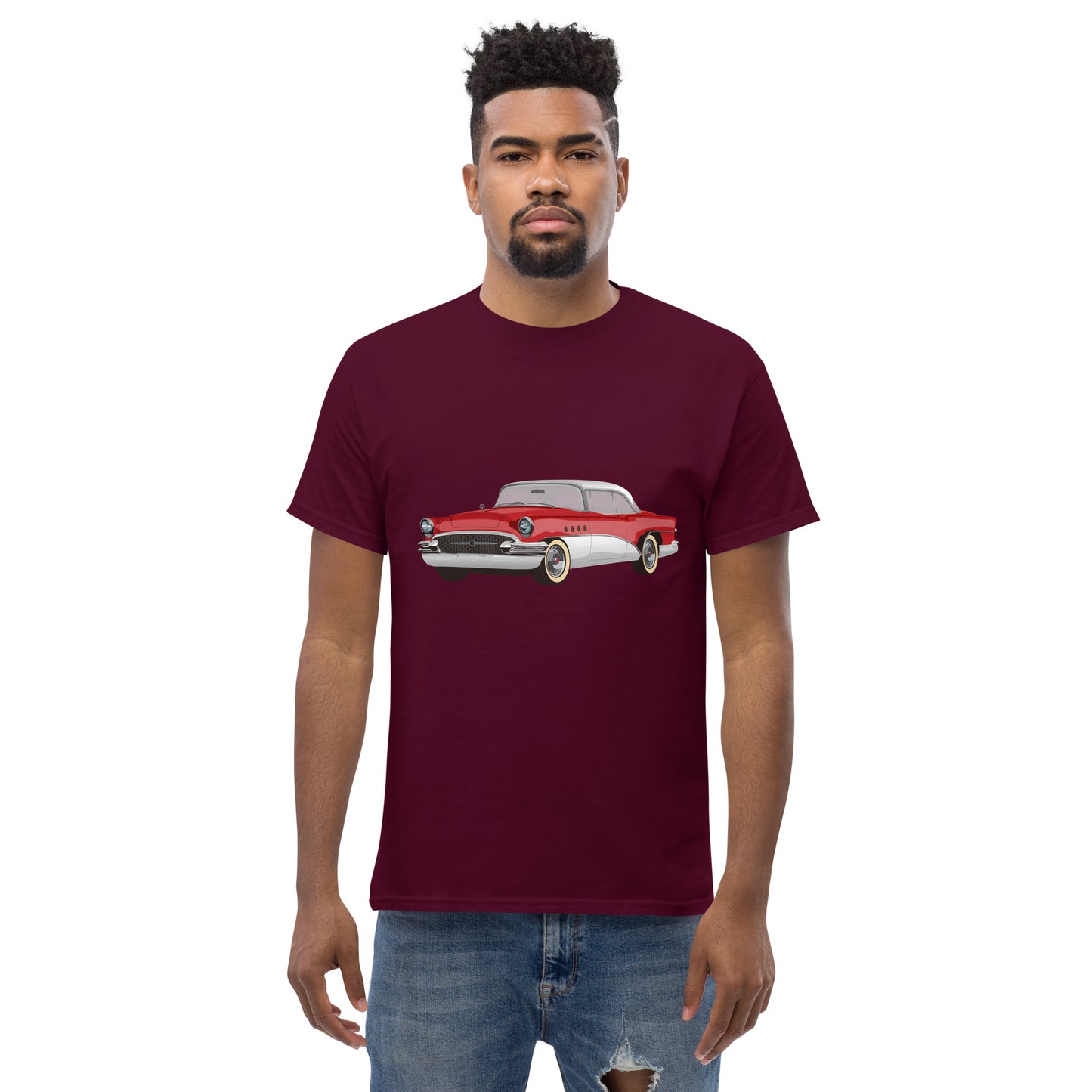 Men with maroon t-shirt with red Chevrolet