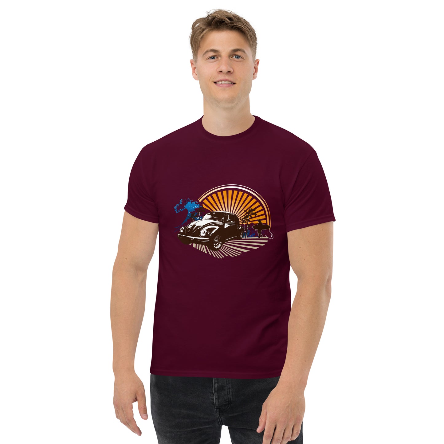 Men with maroon t-shirt with sunset and beetle car