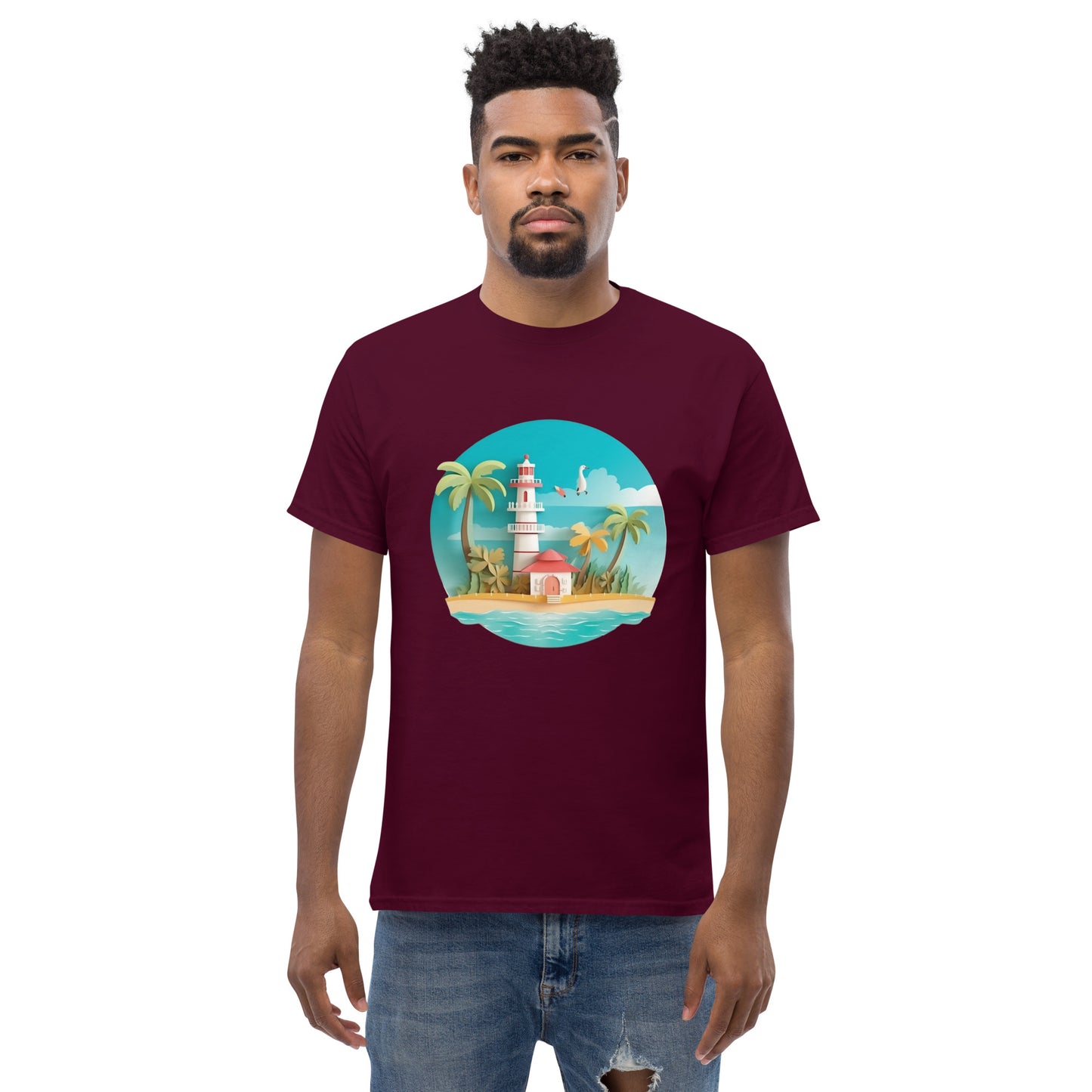 Man with maroon t-shirt with picture of lighthouse and palm trees