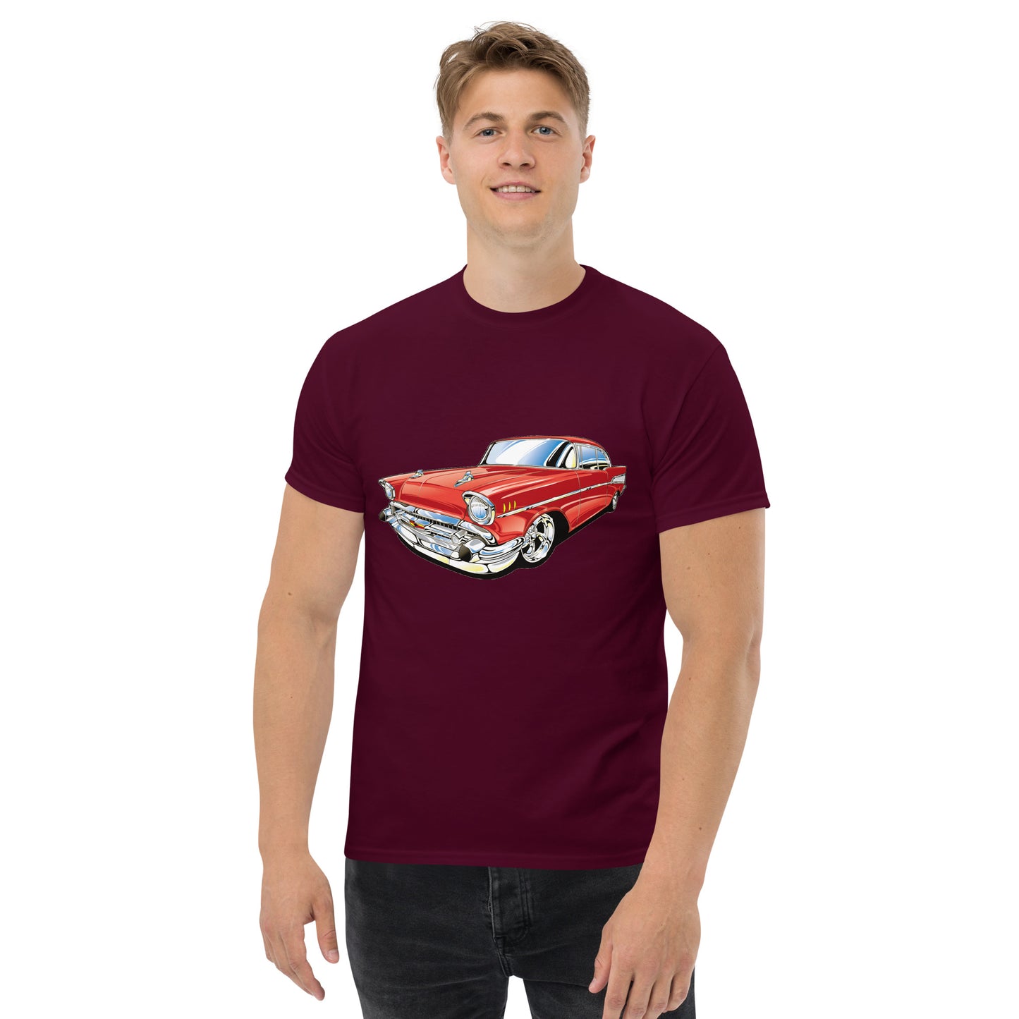 man with maroon t-shirt with picture of red Chevrolet Bell air
