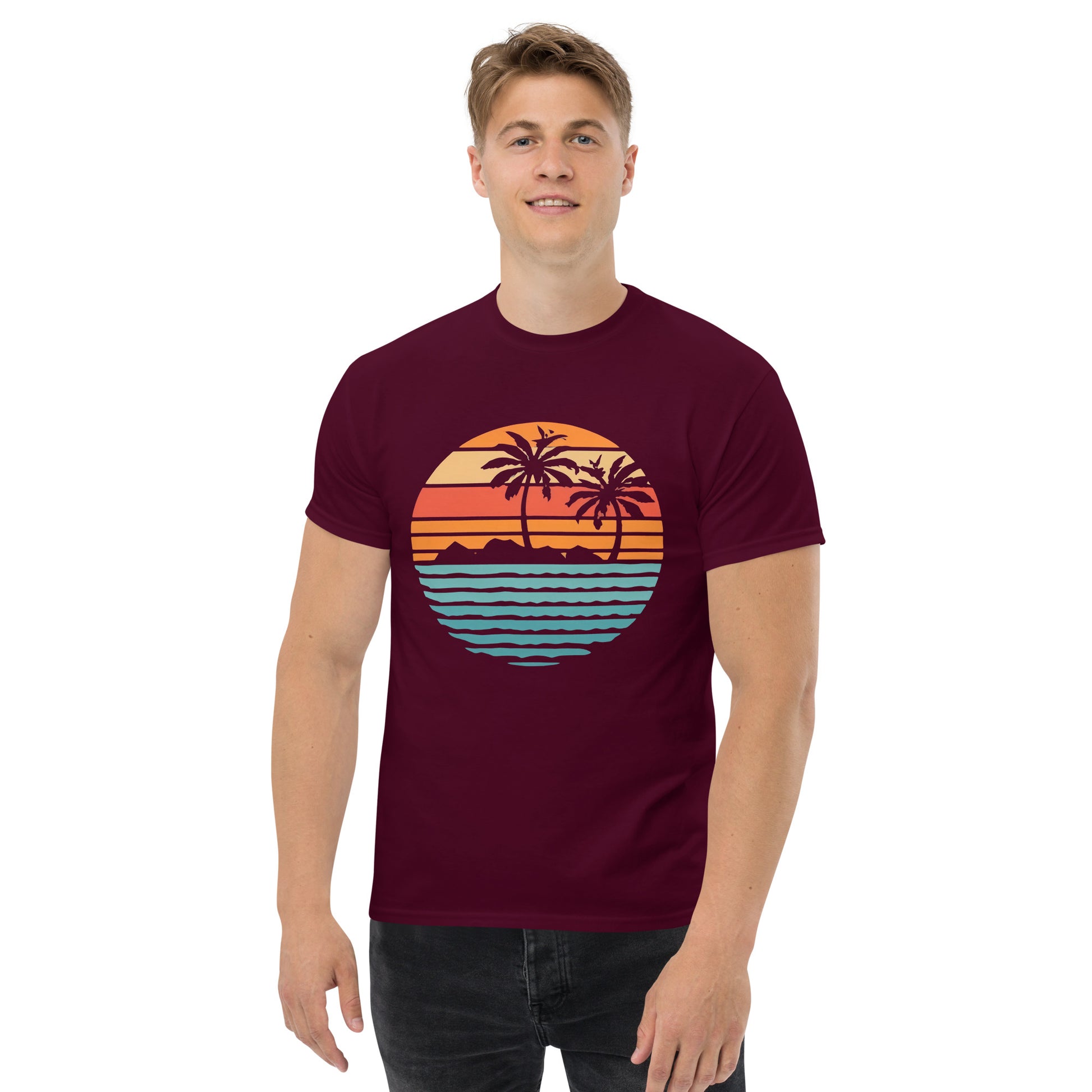 Men with maroon T-shirt and a retro Island