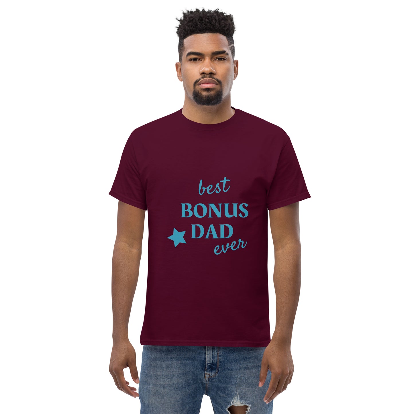 Men with maroon t-shirt with text "best BONUS DAD ever"