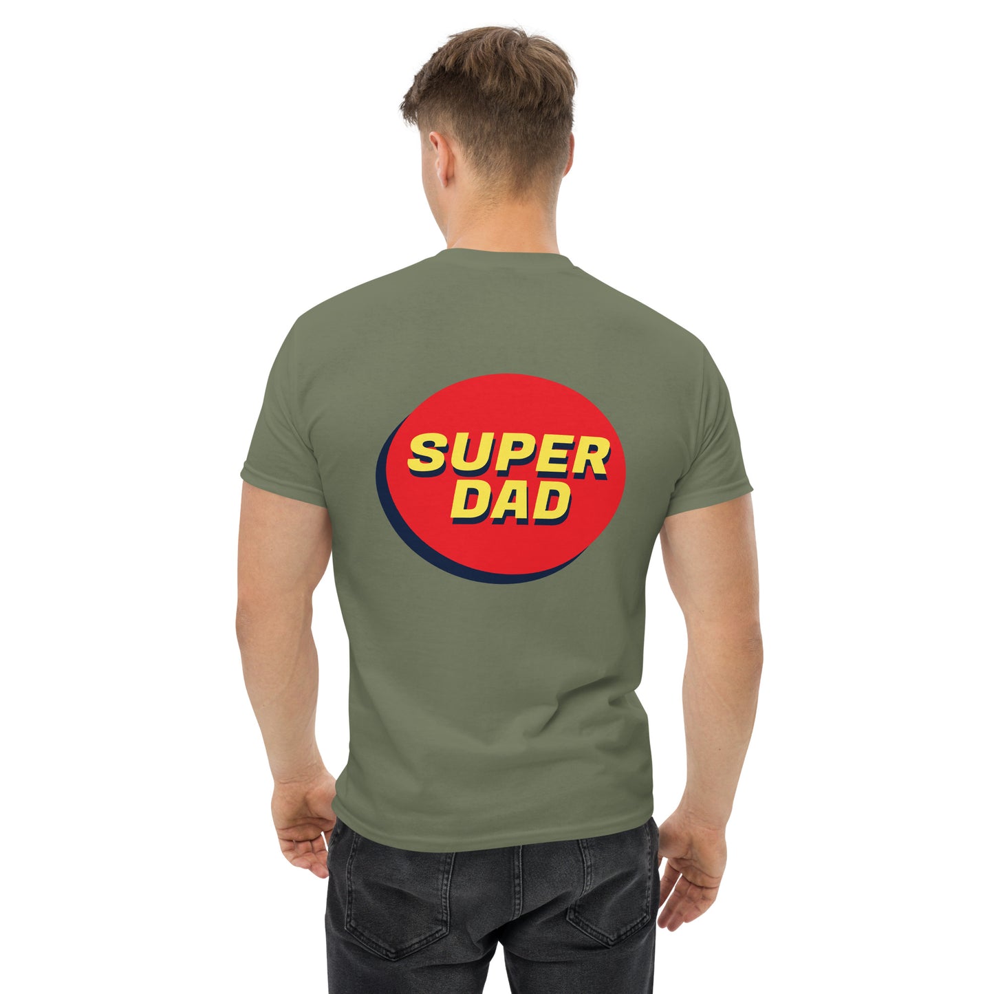 Men with military green T-shirt and Super dad on the back