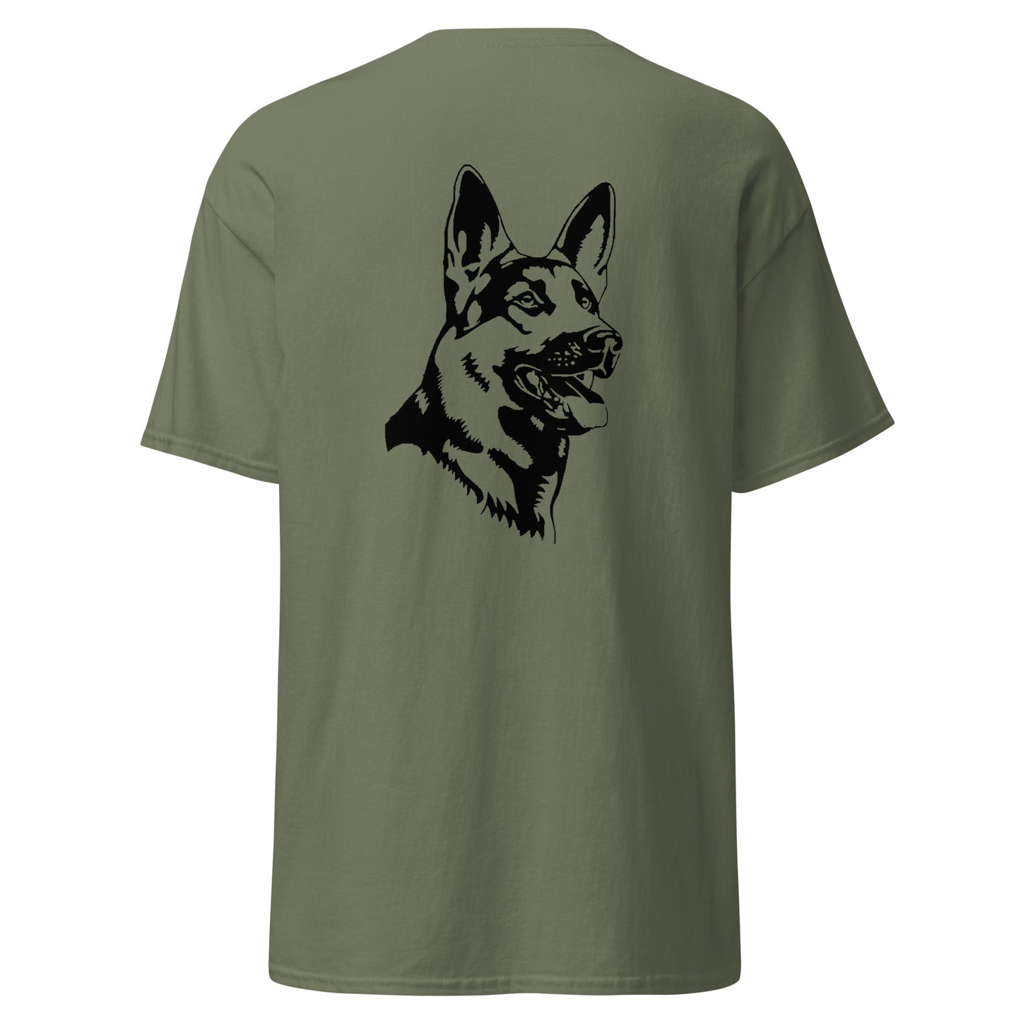 military green shirt with German shepherd