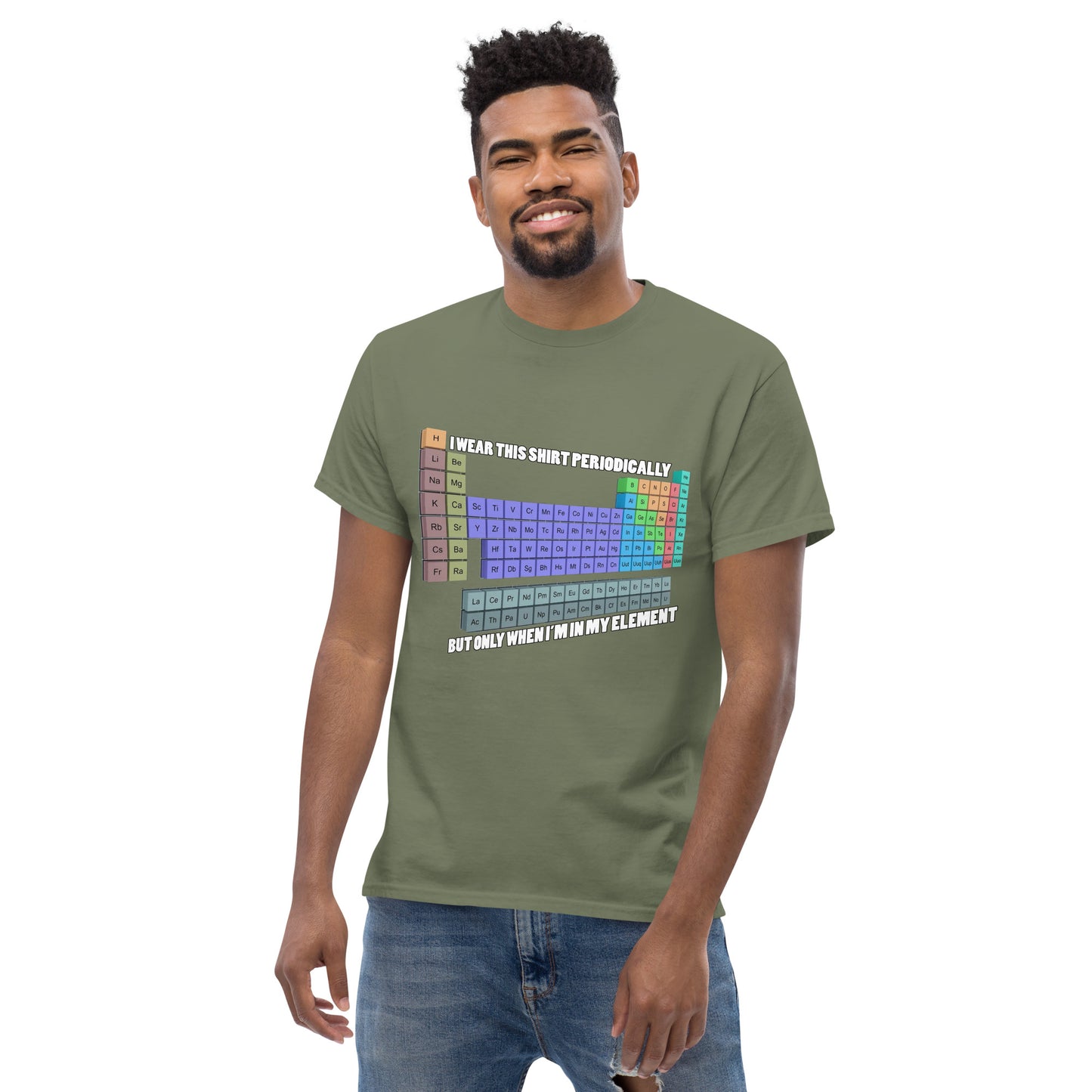 Man with military green t-shirt with Mendelev's table