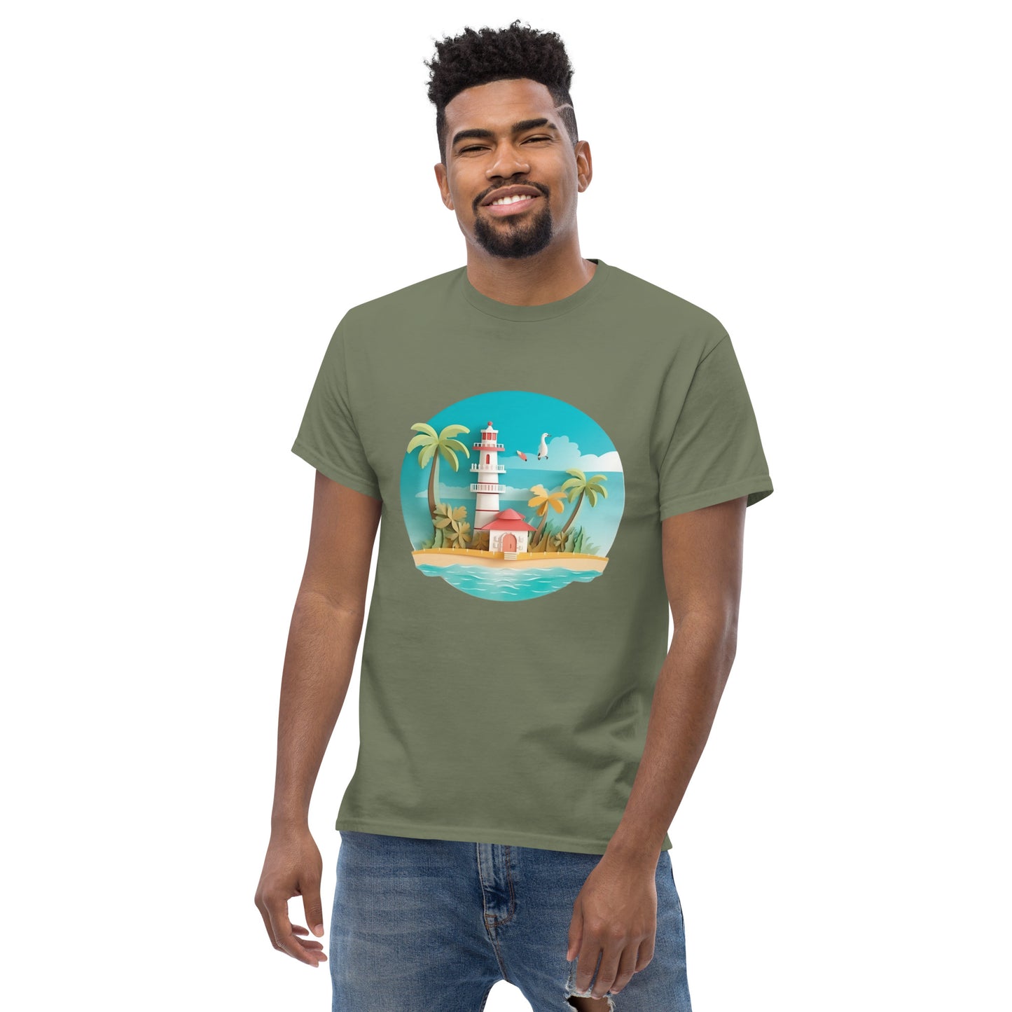 Man with military green t-shirt with picture of lighthouse and palm trees