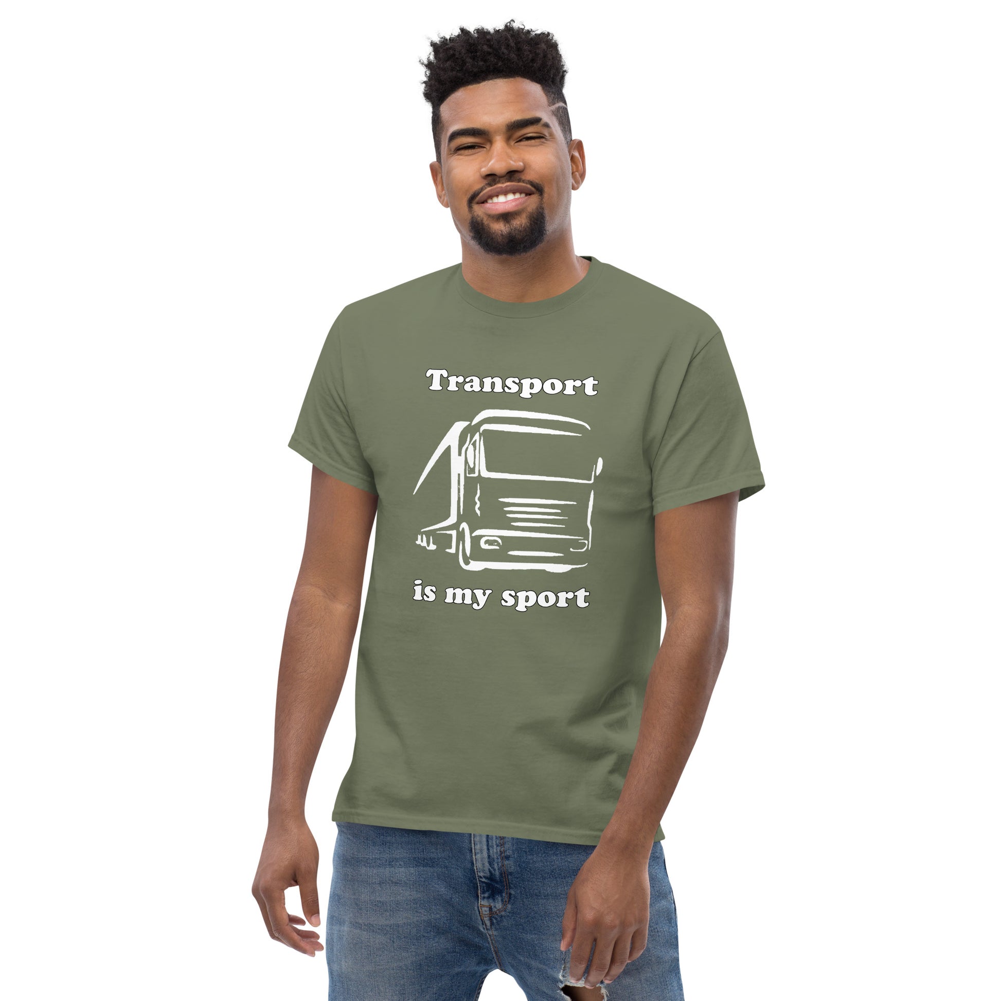Man with military green t-shirt with picture of truck and text "Transport is my sport"