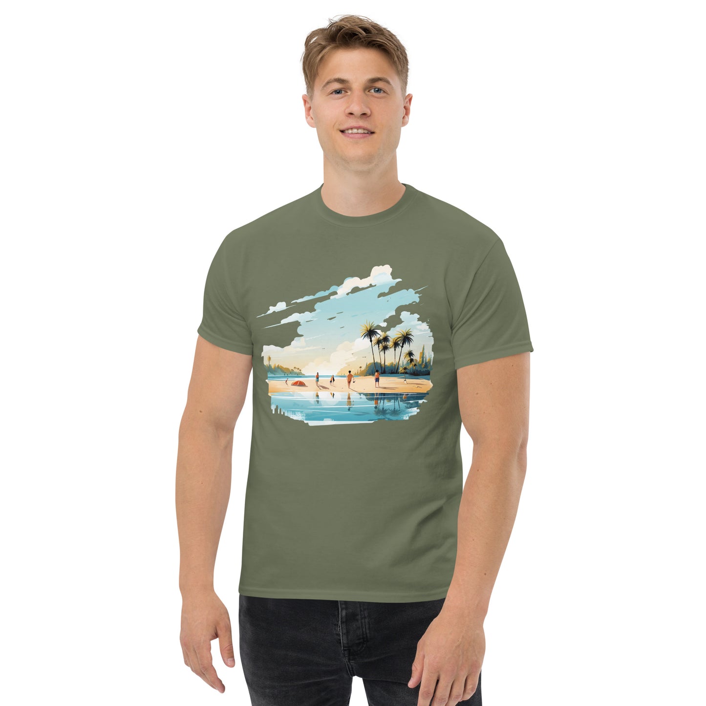 Men with military green T-shirt and a picture of a island with sea and sand