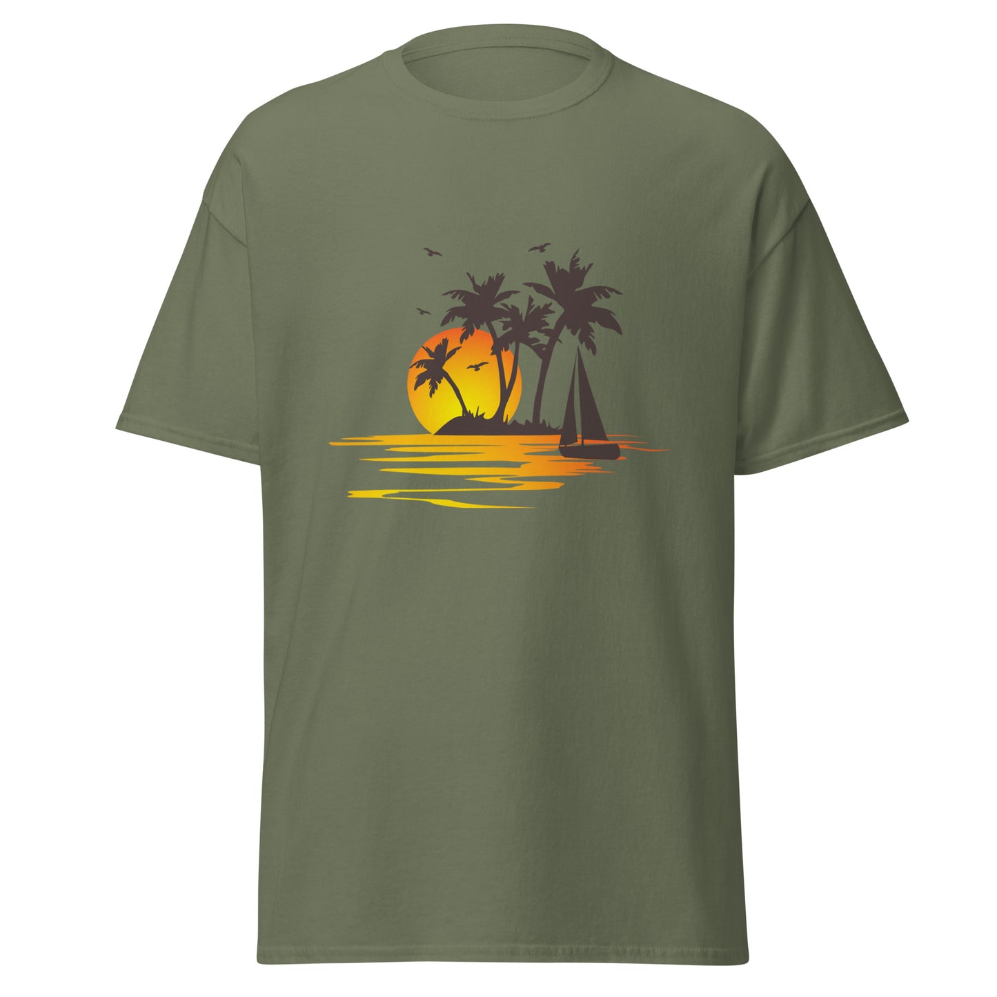 Military green T-shirt for men with a picture of sunset, palm trees and sailboat