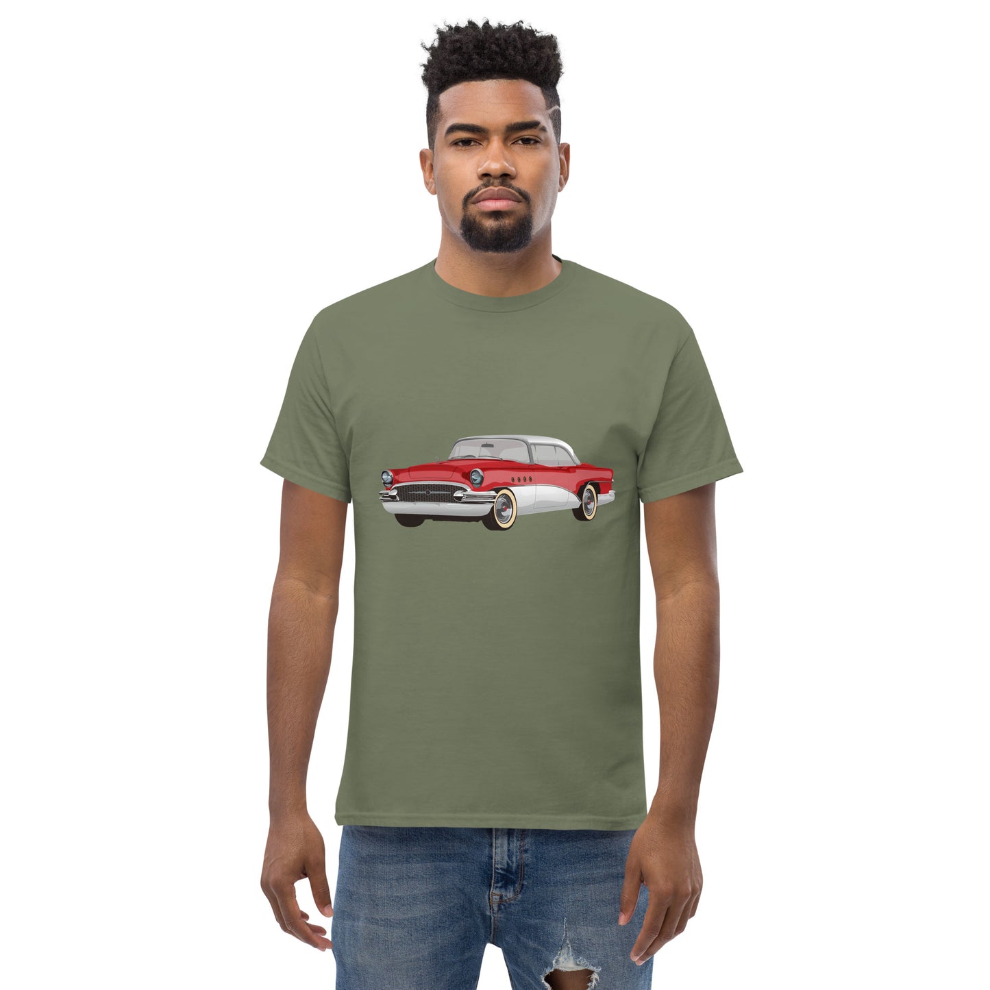 Men with military green t-shirt with red Chevrolet