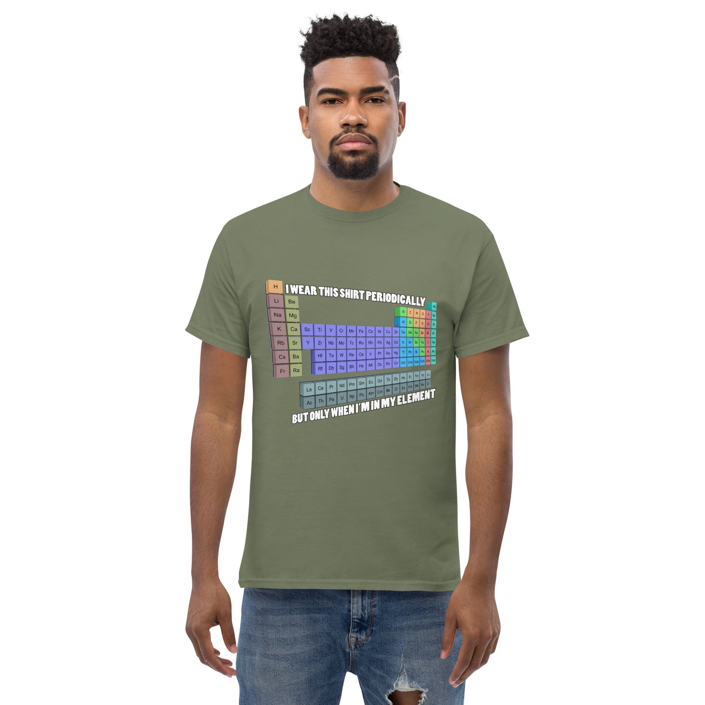 Man with military green t-shirt with Mendelev's table