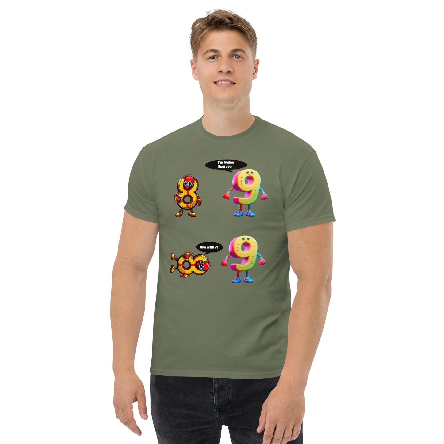 Man with military green t-shirt with picture of 8 and 9 having a discussion 