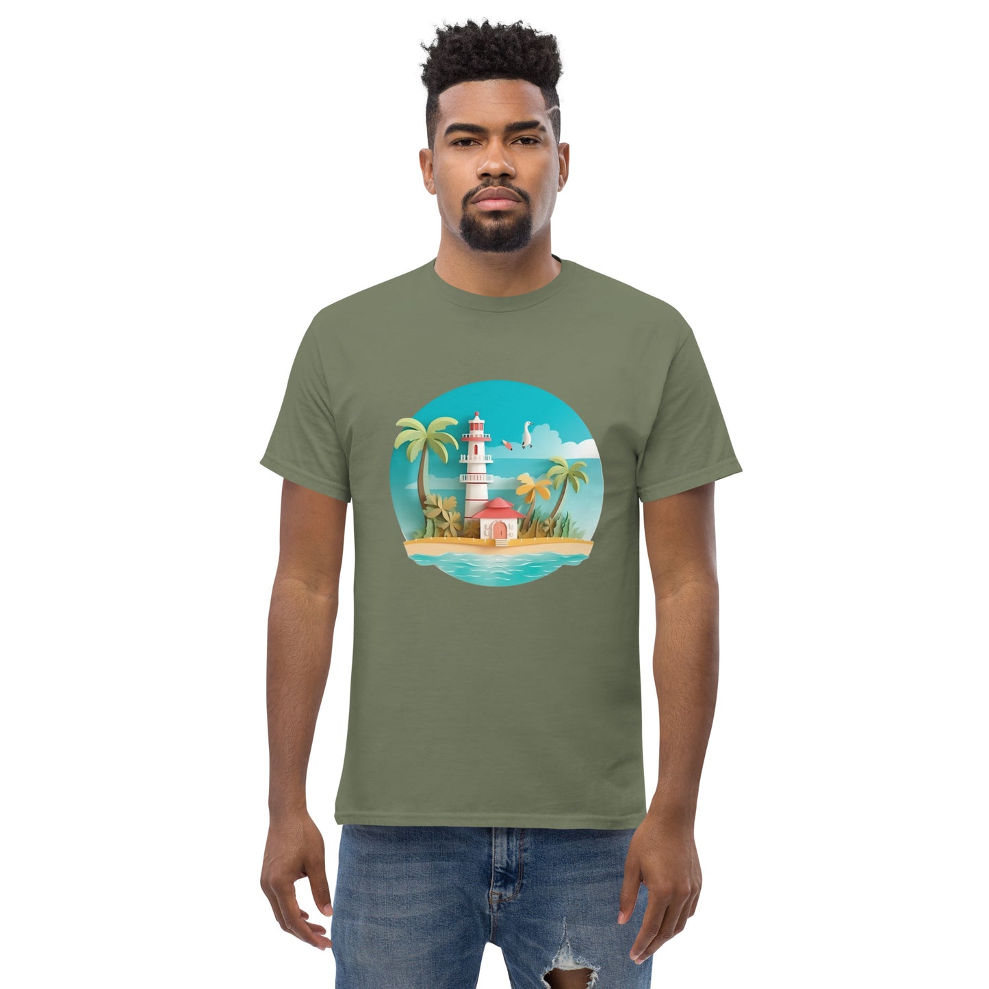 Man with military green t-shirt with picture of lighthouse and palm trees