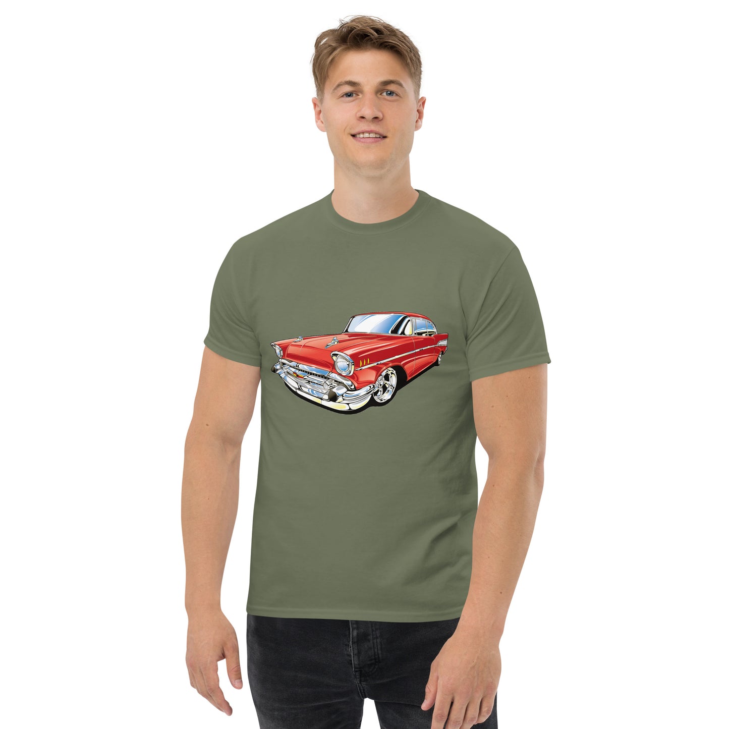man with military green t-shirt with picture of red Chevrolet Bell air