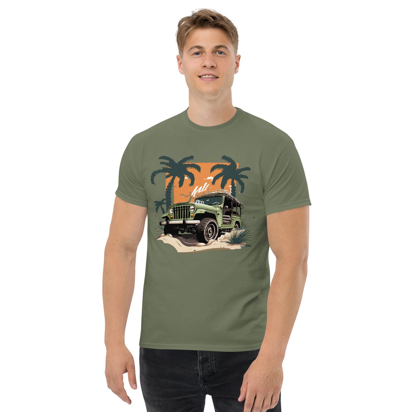 man with military green t-shirt with picture of jeep in front of palm trees