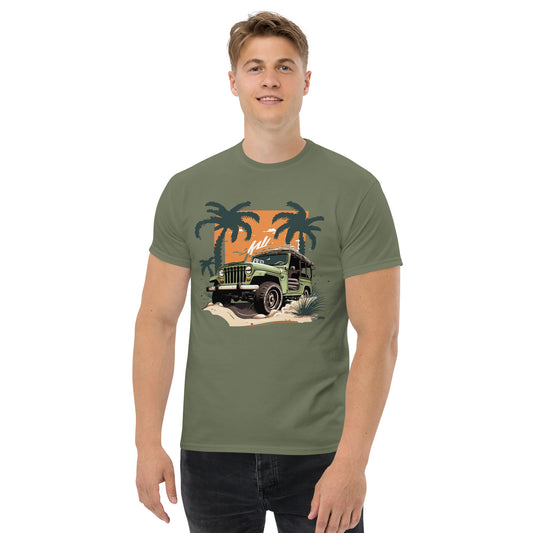 man with military green t-shirt with picture of jeep in front of palm trees 