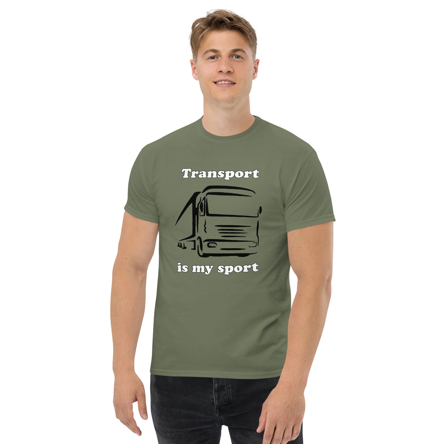 Man with military green t-shirt with picture of truck and text "Transport is my sport"