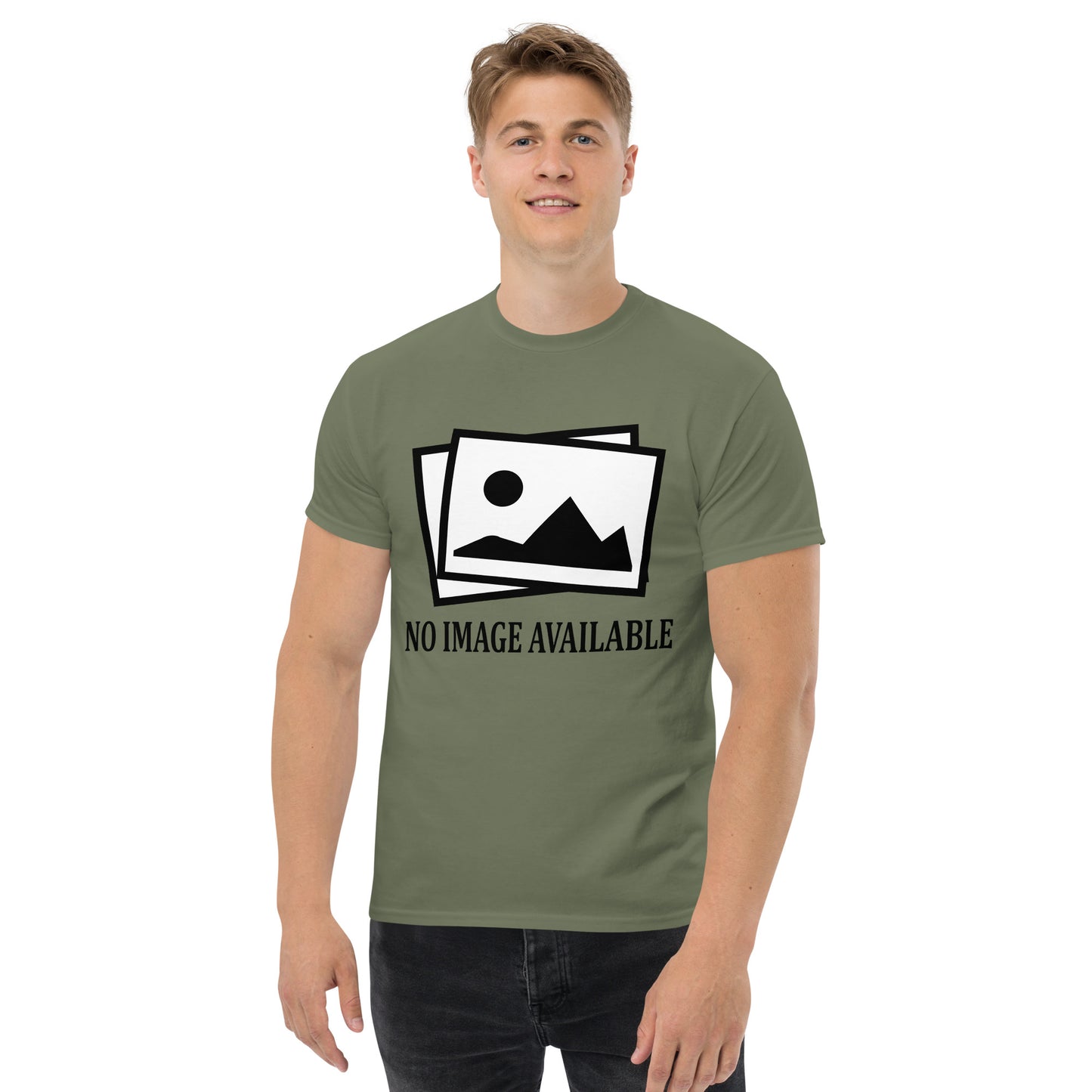 Men with military green t-shirt with image and text "no image available"