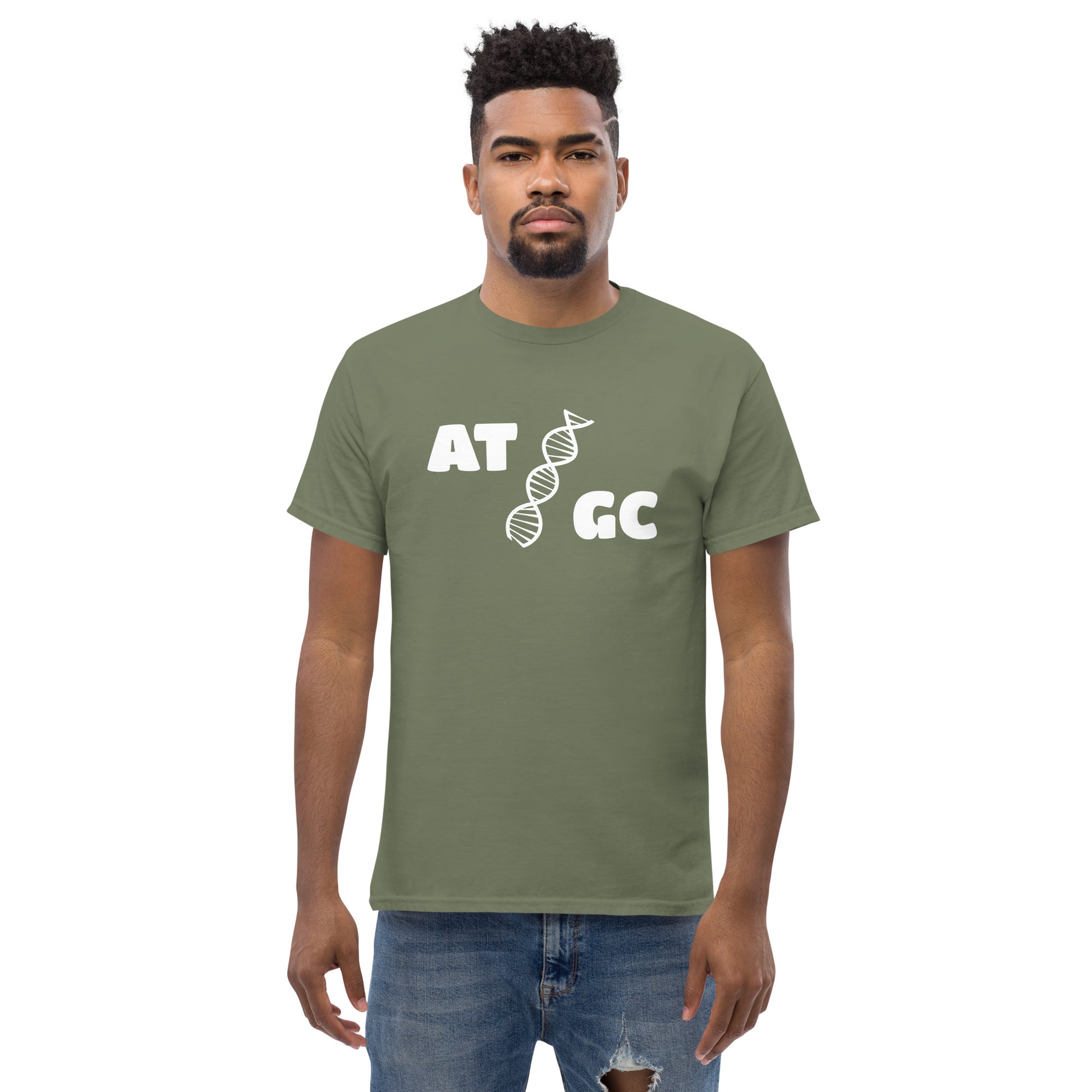 Men with military green t-shirt with image of a DNA string and the text "ATGC"