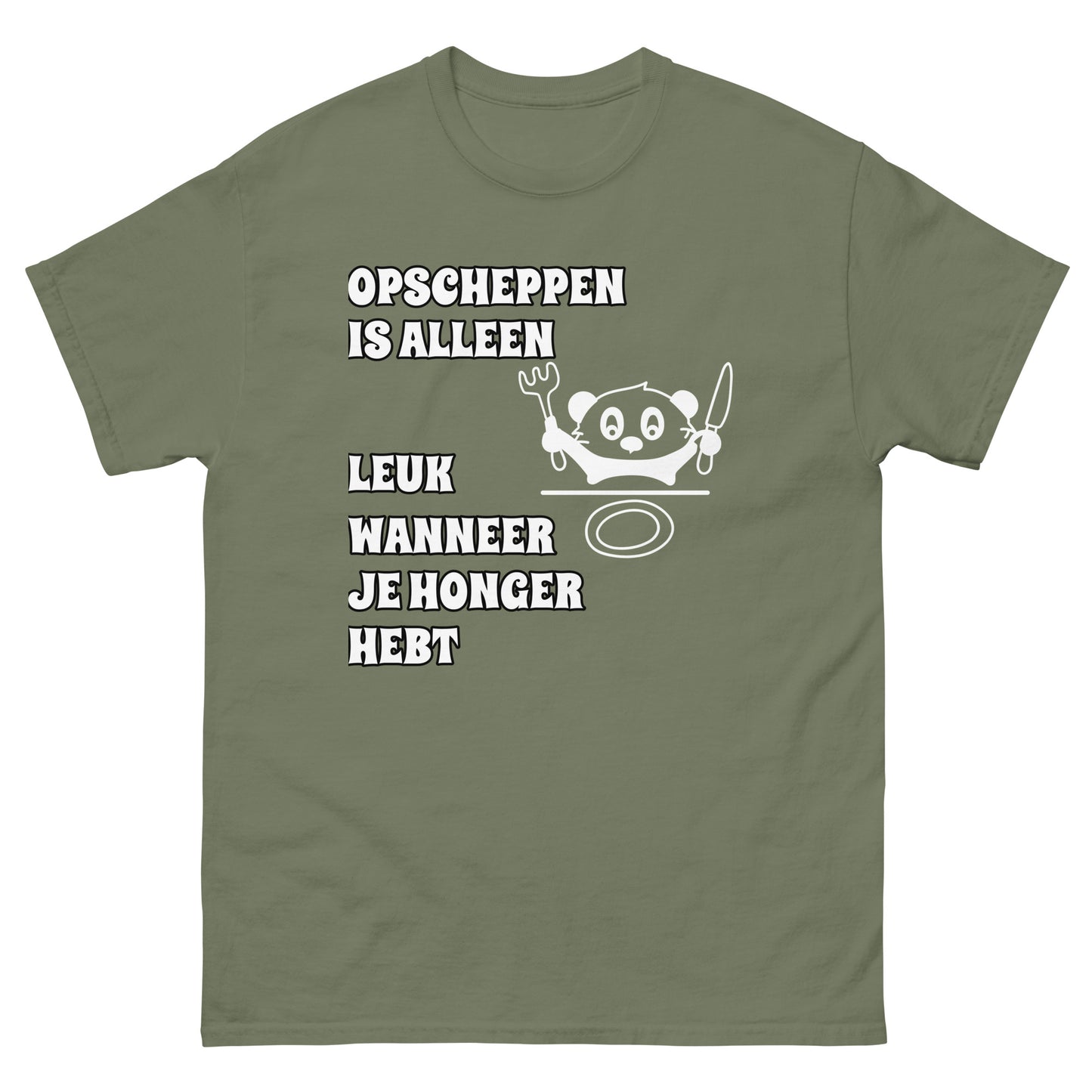 groene T-shirt met tekst “opscheppen is alleen leuk wanneer je honger hebt”