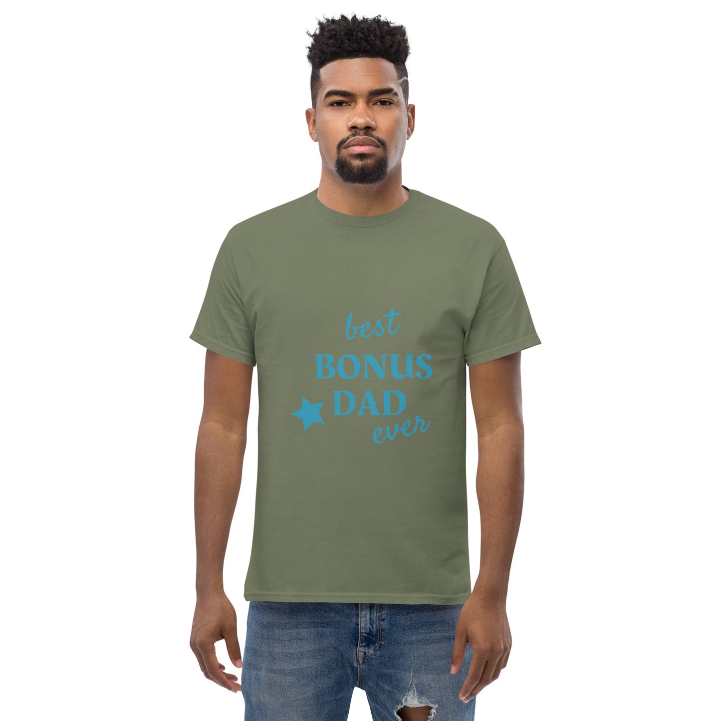Men with military green t-shirt with text "best BONUS DAD ever"