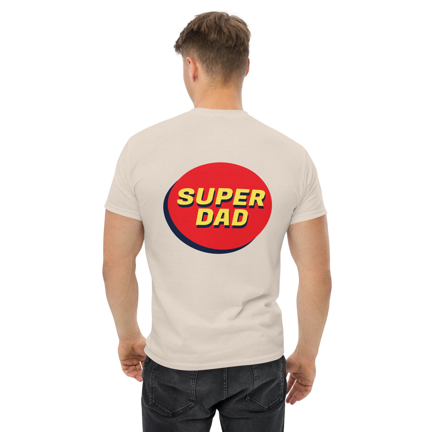 Men with natural T-shirt and Super dad on the back