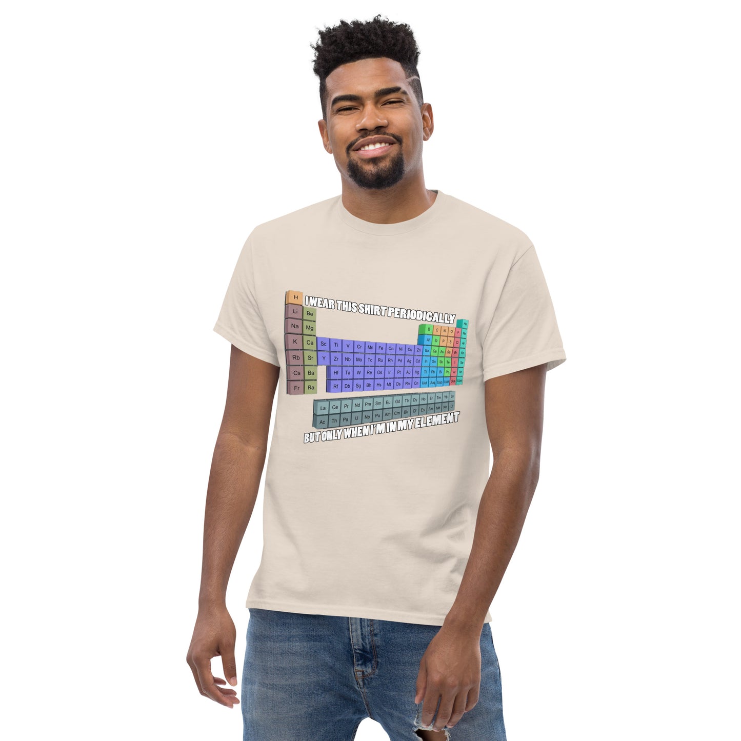 Man with natural t-shirt with Mendelev's table