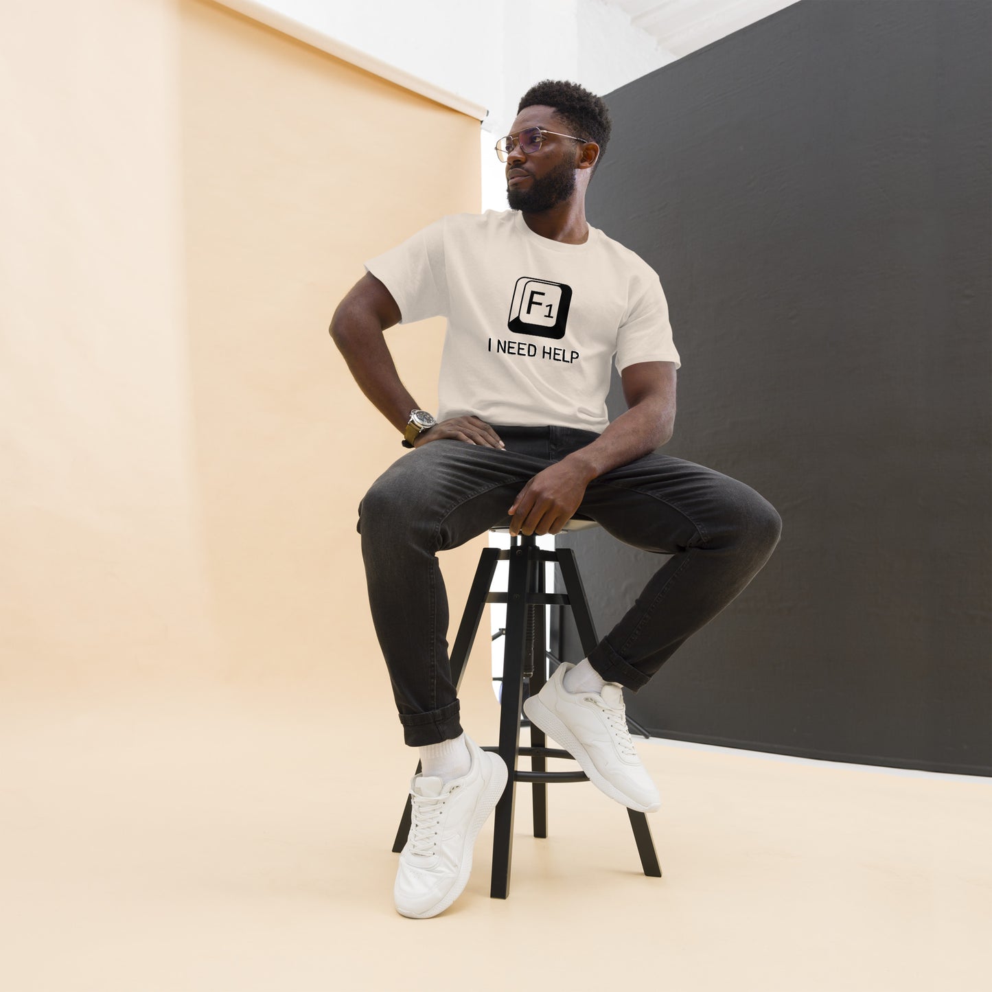 Men with Natural T-shirt and a picture of F1 key with text "I need help"