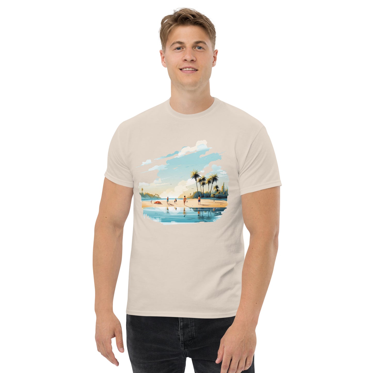 Men with natural T-shirt and a picture of a island with sea and sand