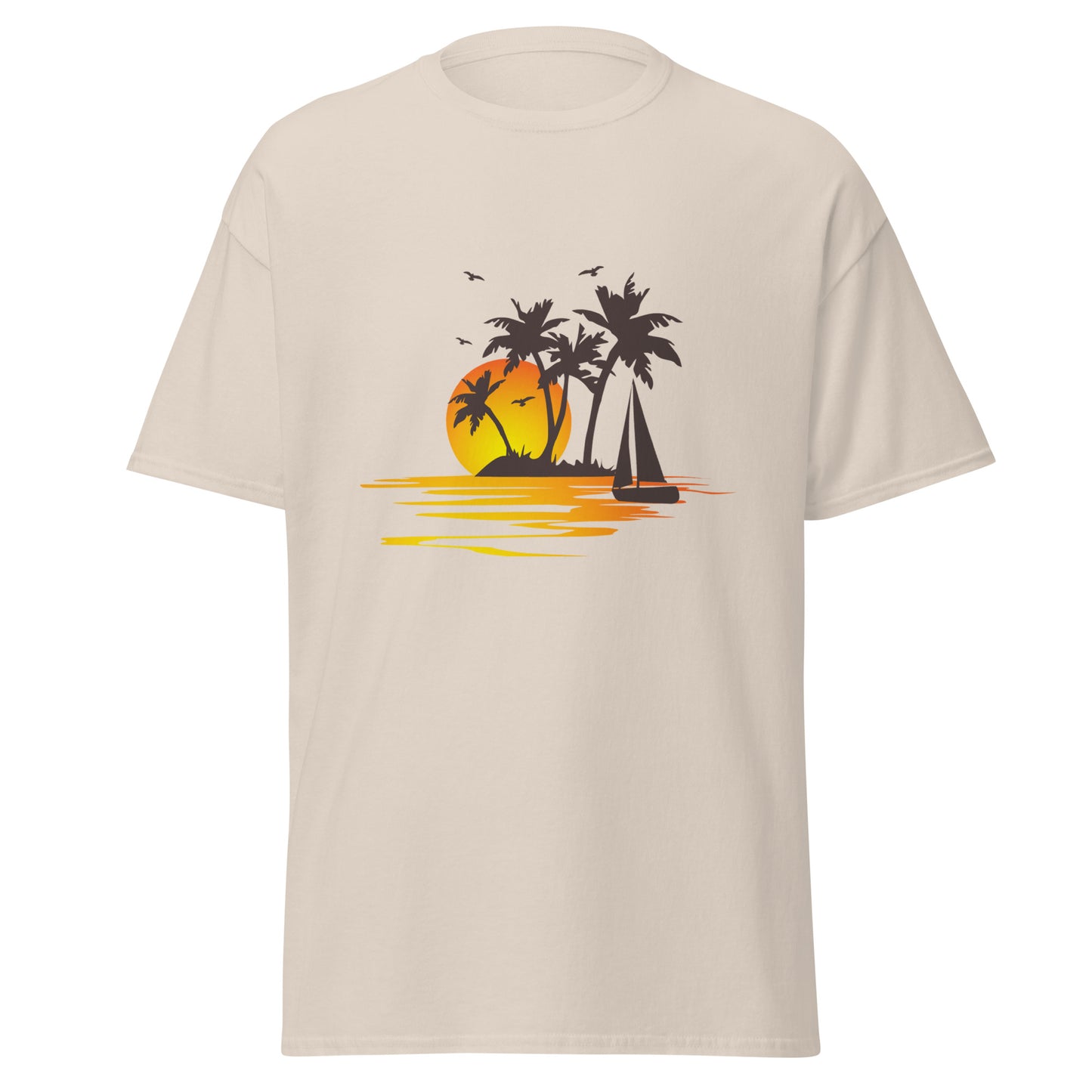 Natural T-shirt for men with a picture of sunset, palm trees and sailboat