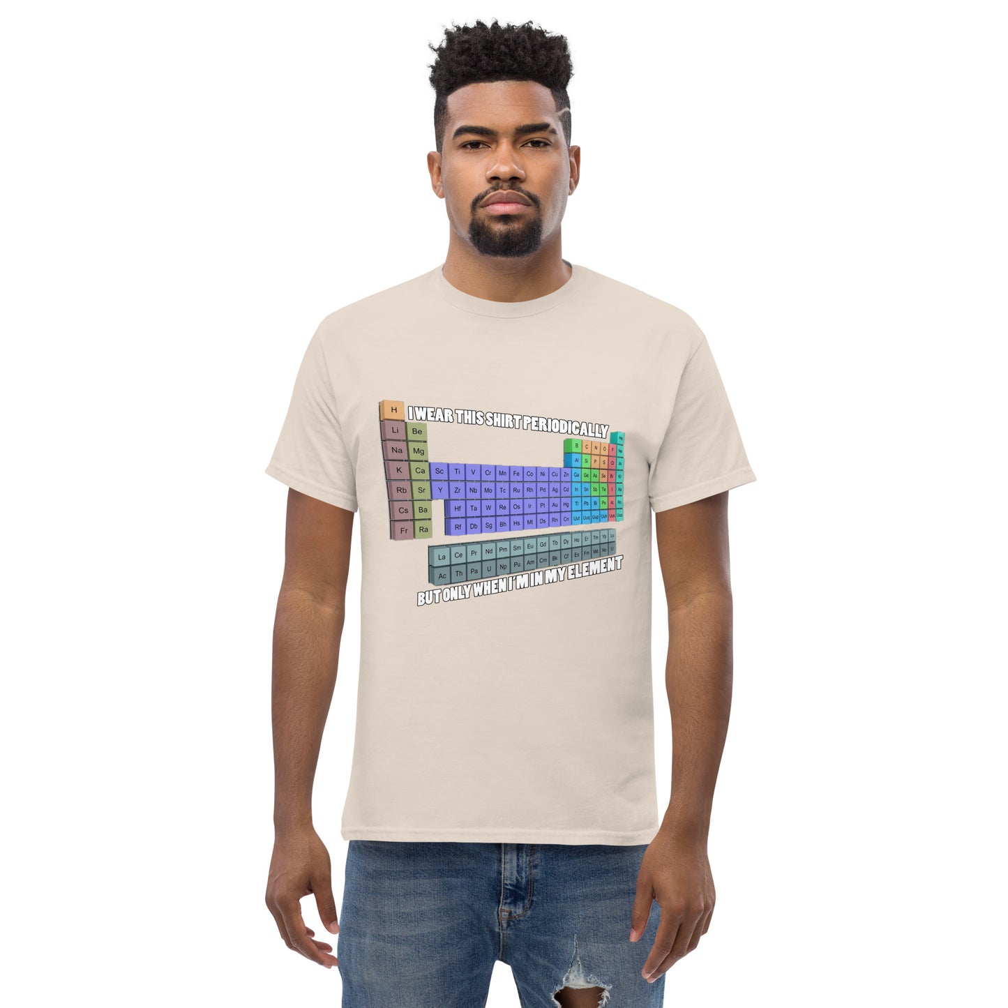 Man with natural t-shirt with Mendelev's table