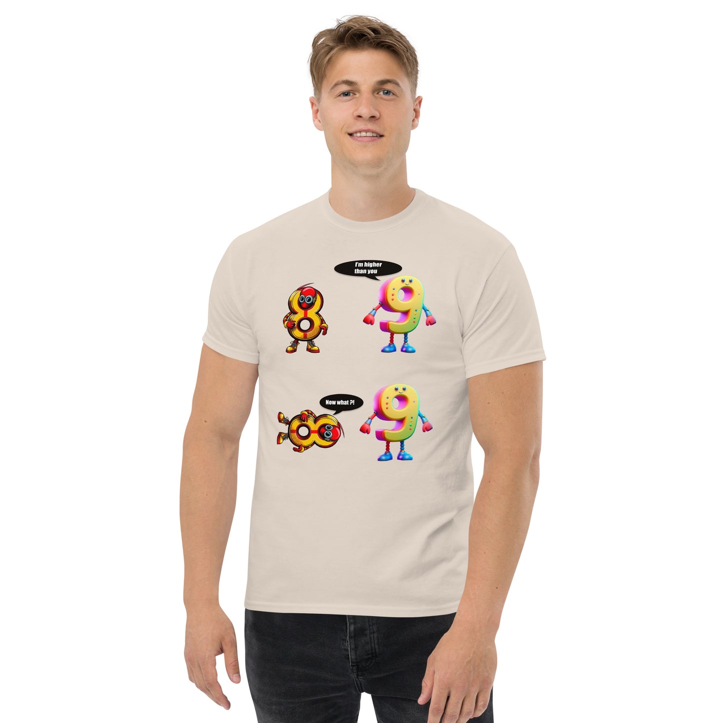 Man with natural t-shirt with picture of 8 and 9 having a discussion