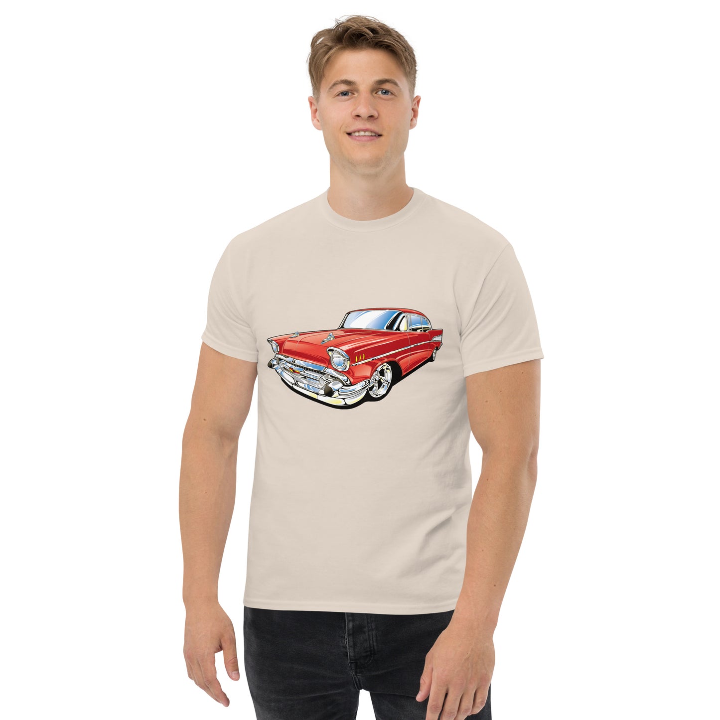 man with natural t-shirt with picture of red Chevrolet Bell air  