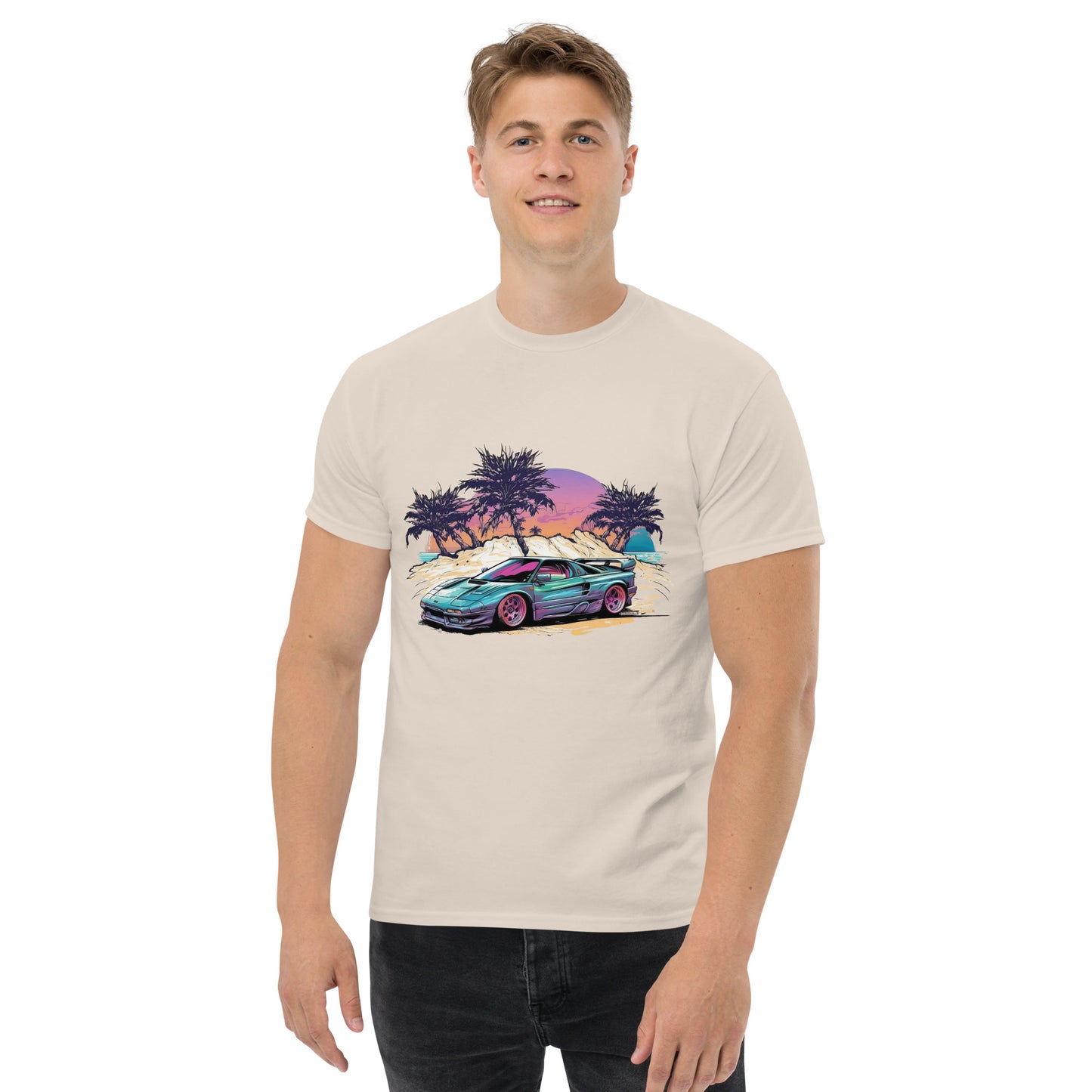 man with natural t-shirt with picture of vintage car in front of palm trees